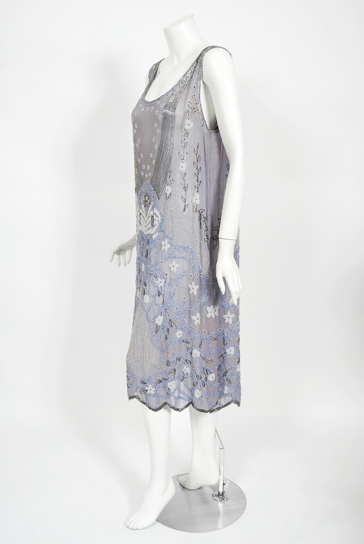 Gray Vintage 1920's Periwinkle Beaded Rhinestone Silk Chiffon Cut-Out Flapper Dress