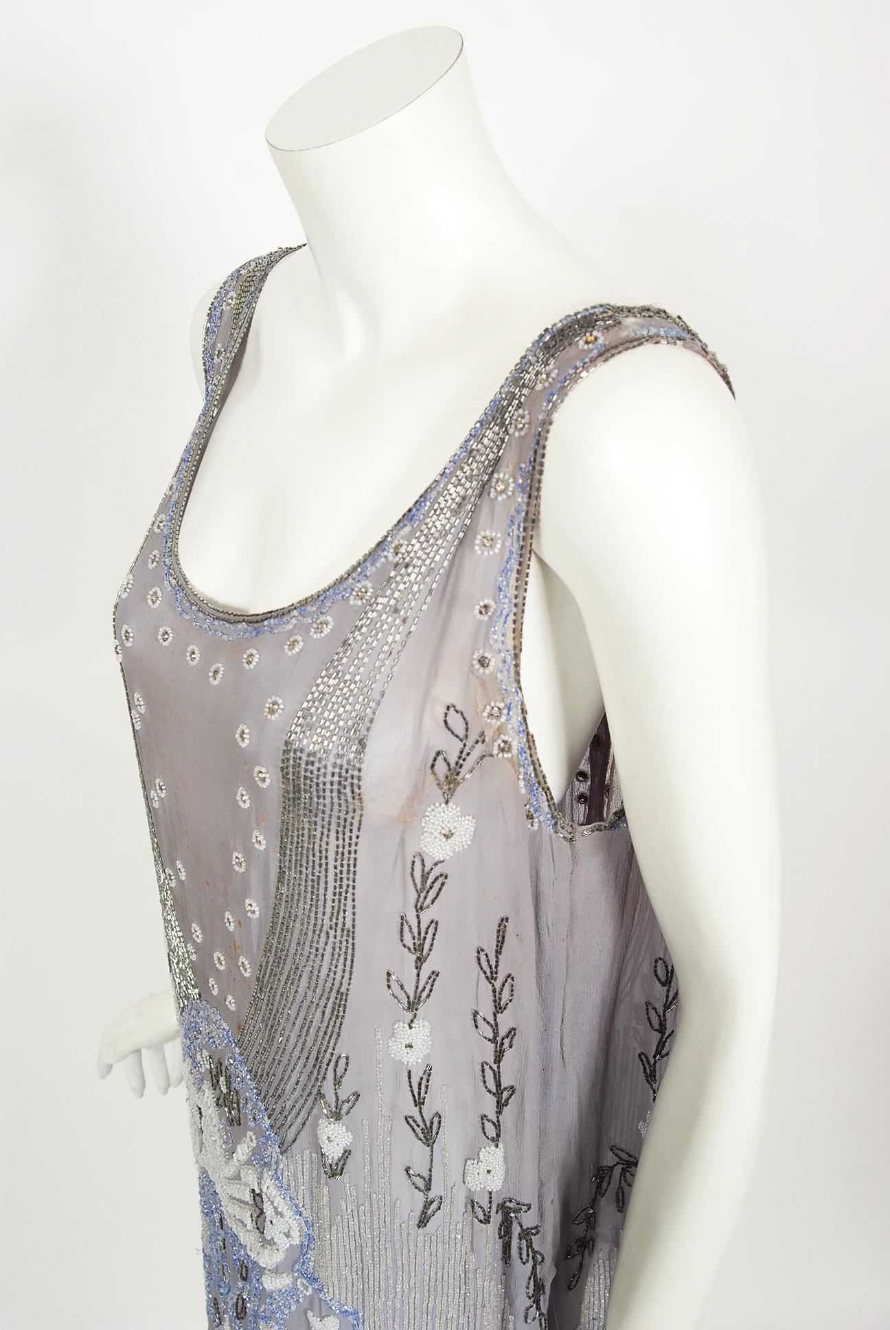 Vintage 1920's Periwinkle Beaded Rhinestone Silk Chiffon Cut-Out Flapper Dress In Good Condition In Beverly Hills, CA