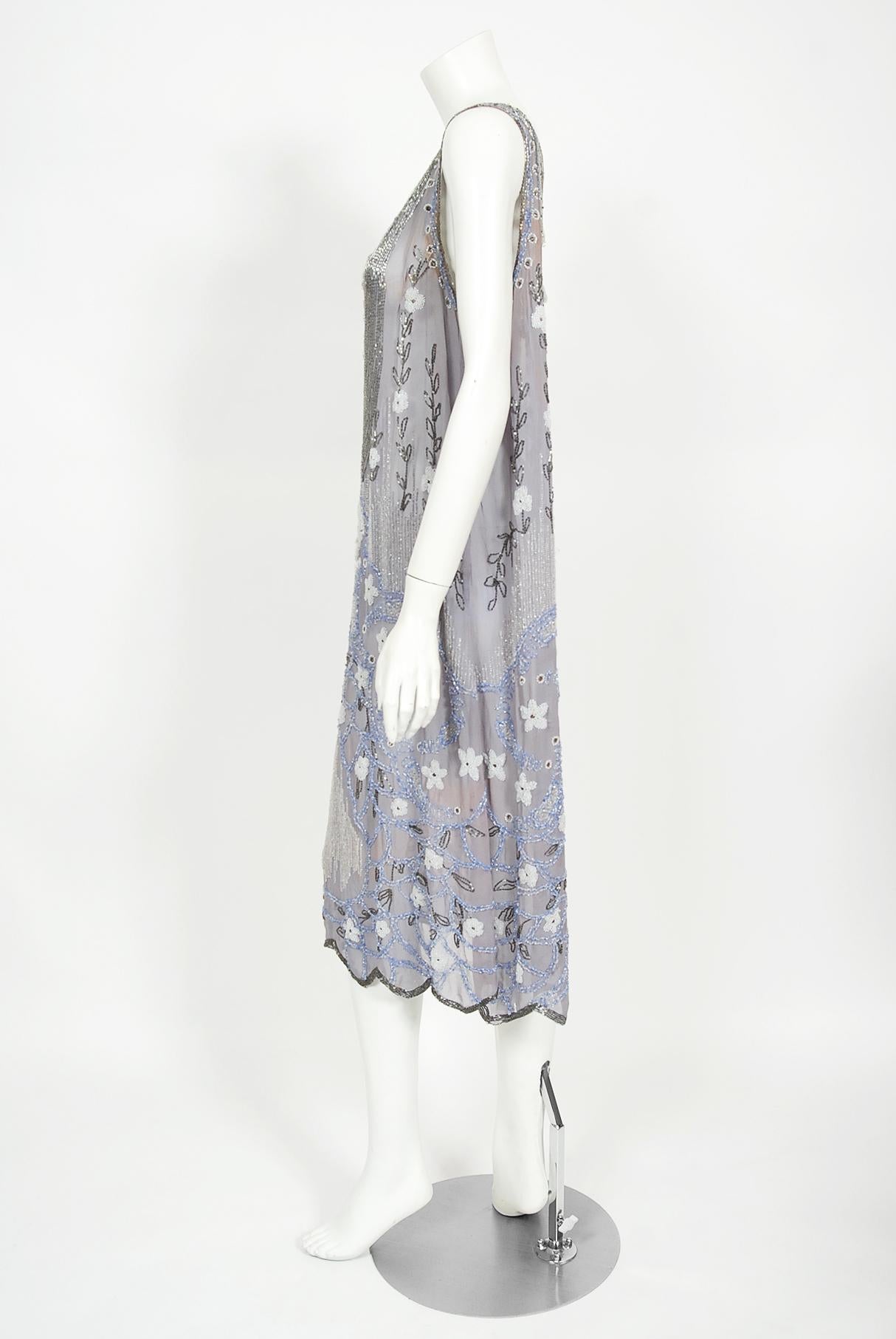 Women's Vintage 1920's Periwinkle Beaded Rhinestone Silk Chiffon Cut-Out Flapper Dress