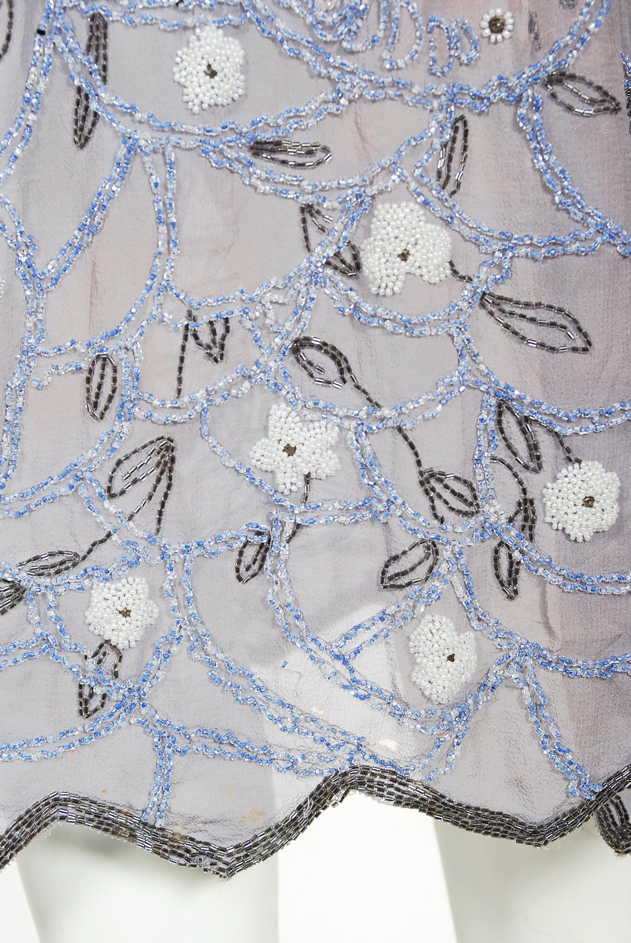 Vintage 1920's Periwinkle Beaded Rhinestone Silk Chiffon Cut-Out Flapper Dress 2