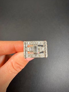 Vintage 1920s Platinum Stamped, Diamond & Ruby Buckle Style Cocktail Ring