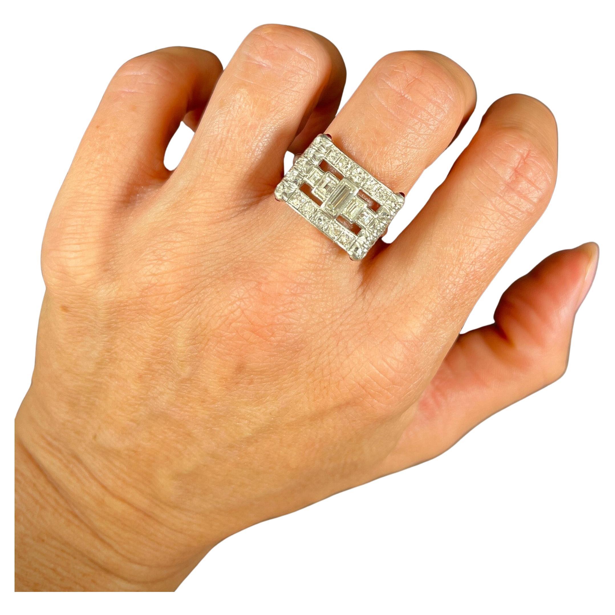 Vintage 1920s Platinum Stamped, Diamond & Ruby Buckle Style Cocktail Ring