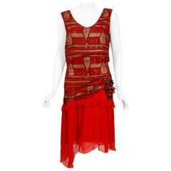 Vintage 1920's Red & Metallic Gold Deco Print Lamé Pleated Chiffon Flapper Dress