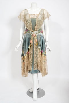 1920's Sadie Nemser Couture Beaded Floral Appliqué Velvet & Sheer Lace Dress