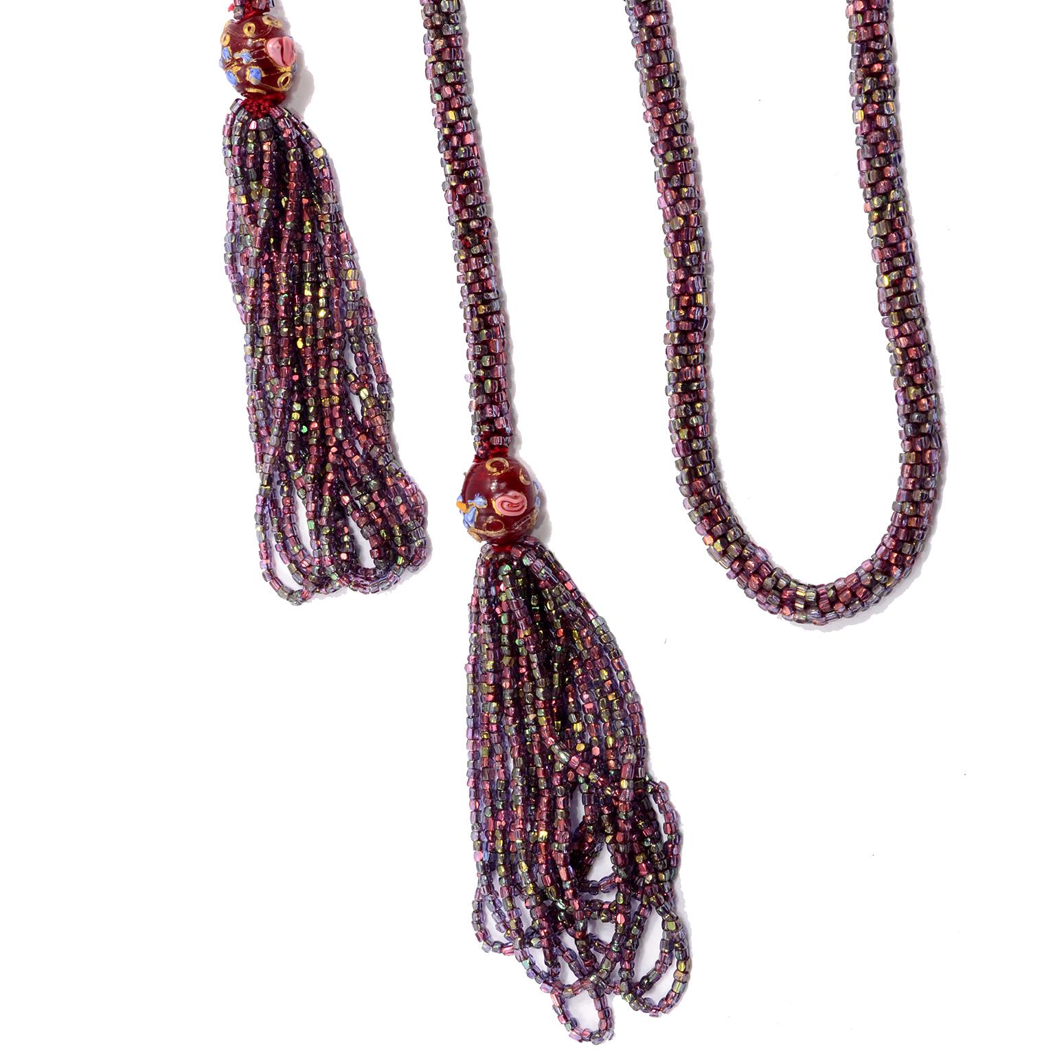 Art Deco Vintage 1920s Sautoir Beaded Tassel Flapper Necklace W Lampwork Beads & Fringe For Sale