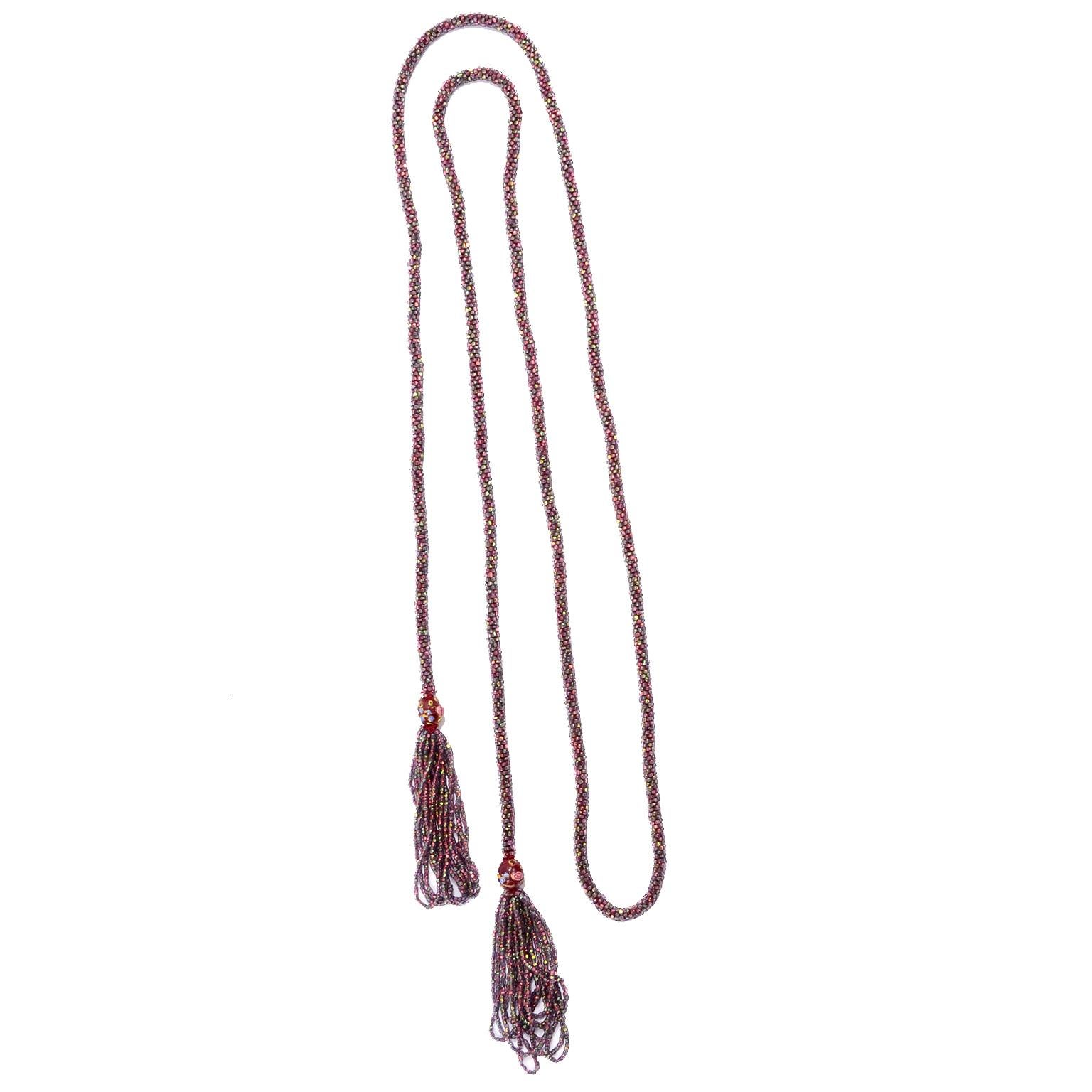 Vintage 1920s Sautoir Beaded Tassel Flapper Necklace W Lampwork Beads & Fringe In Excellent Condition For Sale In Portland, OR