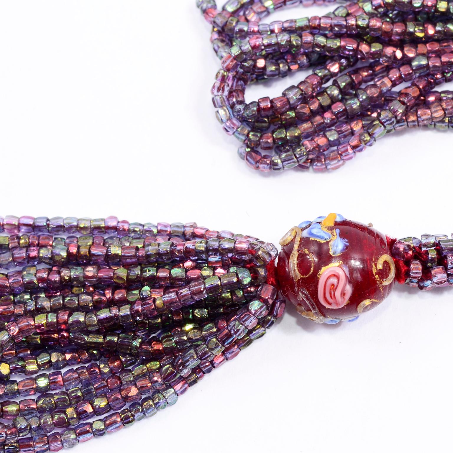Women's Vintage 1920s Sautoir Beaded Tassel Flapper Necklace W Lampwork Beads & Fringe For Sale