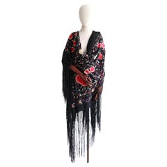 Vintage 1920's Silk Floral Embroidered Piano Shawl