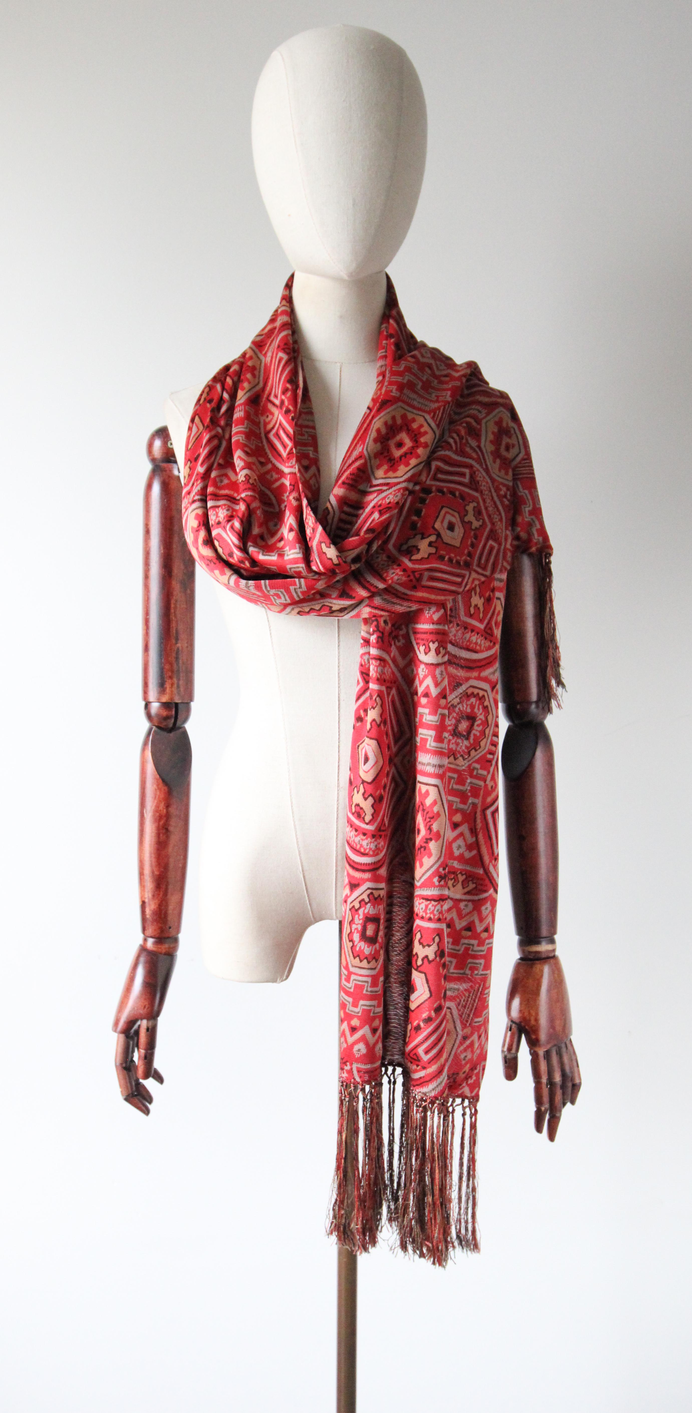 Vintage 1920's Silk Scarf Silk Jersey Red Geometric Pattern neck scarf In Good Condition In Cheltenham, GB