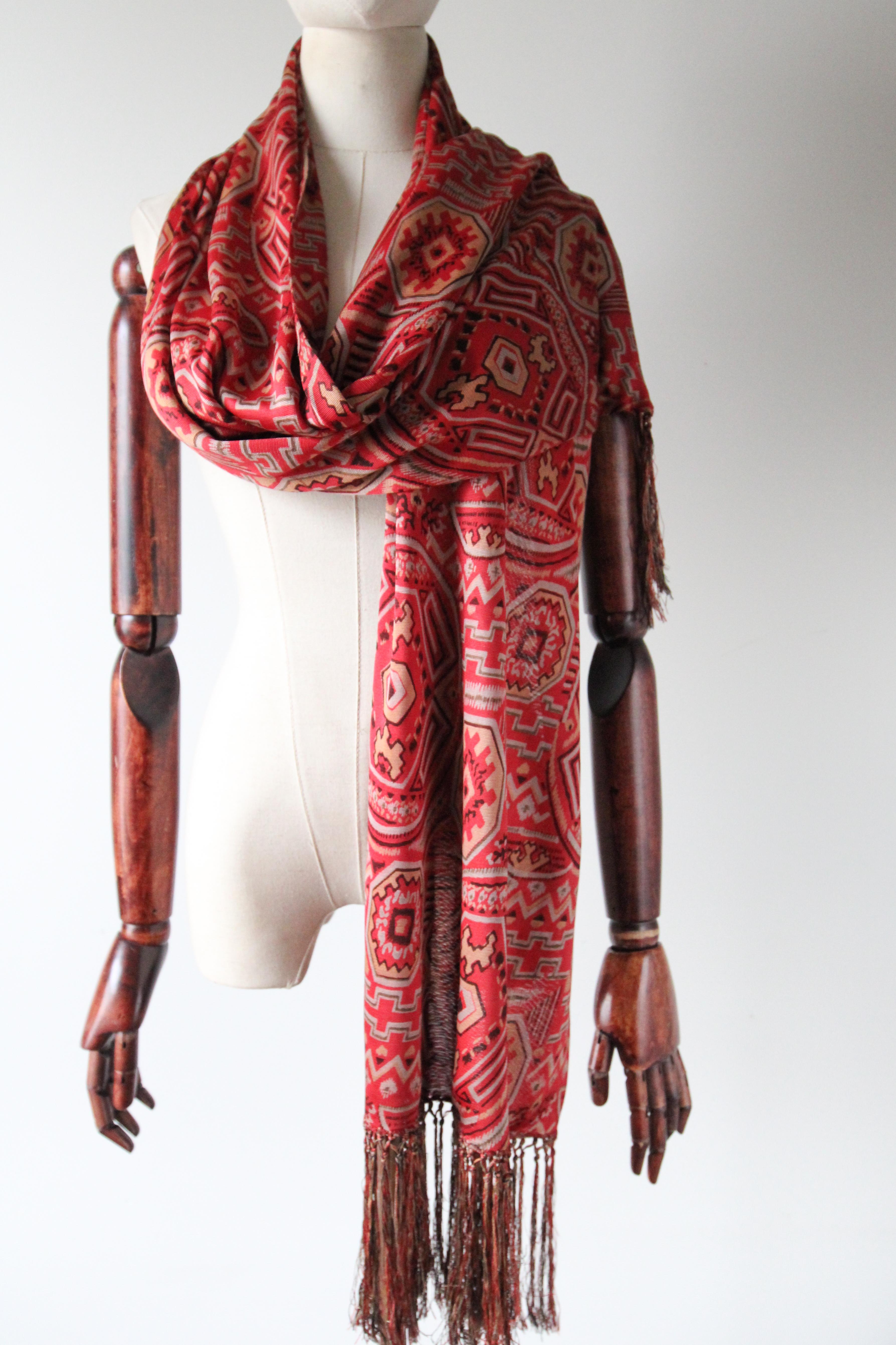 Women's or Men's Vintage 1920's Silk Scarf Silk Jersey Red Geometric Pattern neck scarf