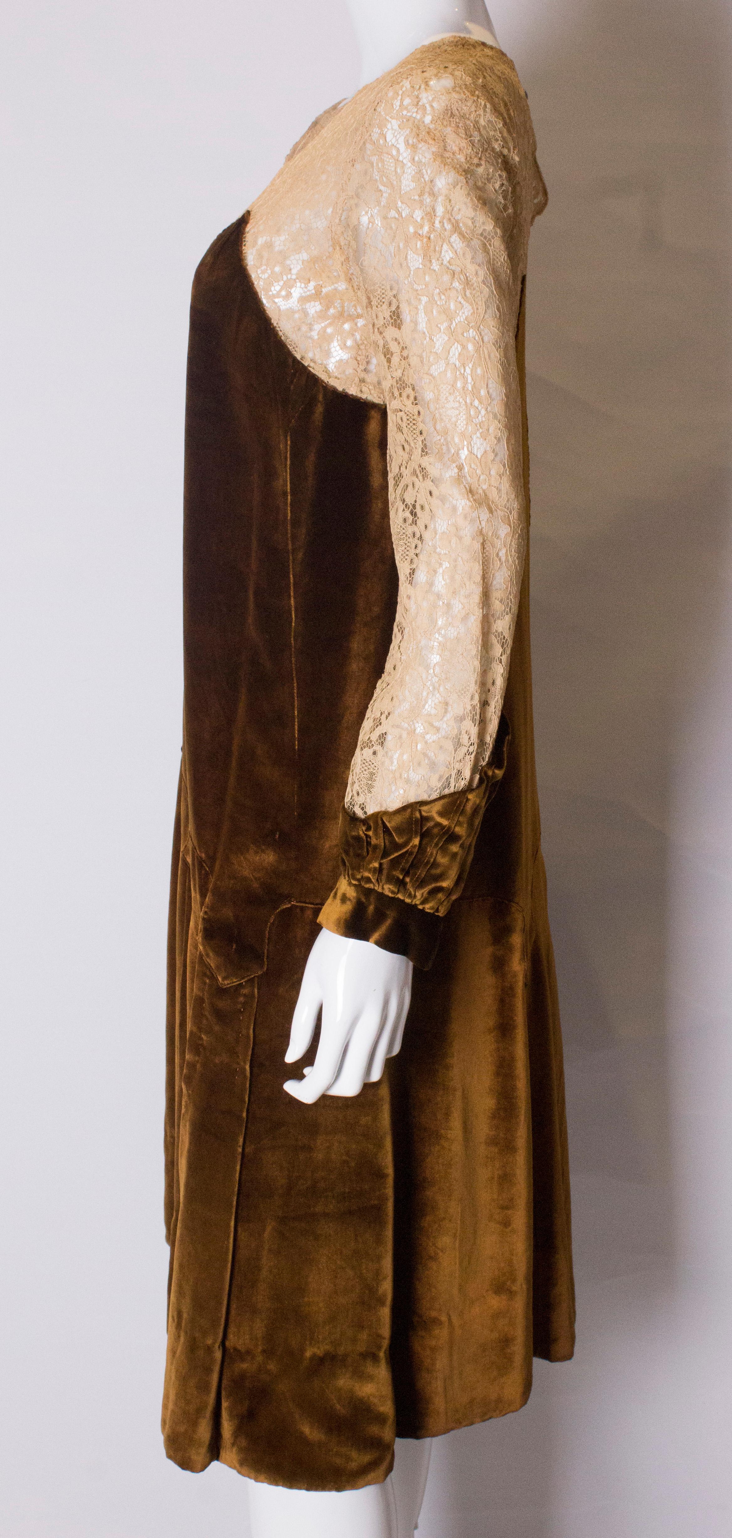 Brown Vintage 1920s Silk Velvet and Lace Dress For Sale