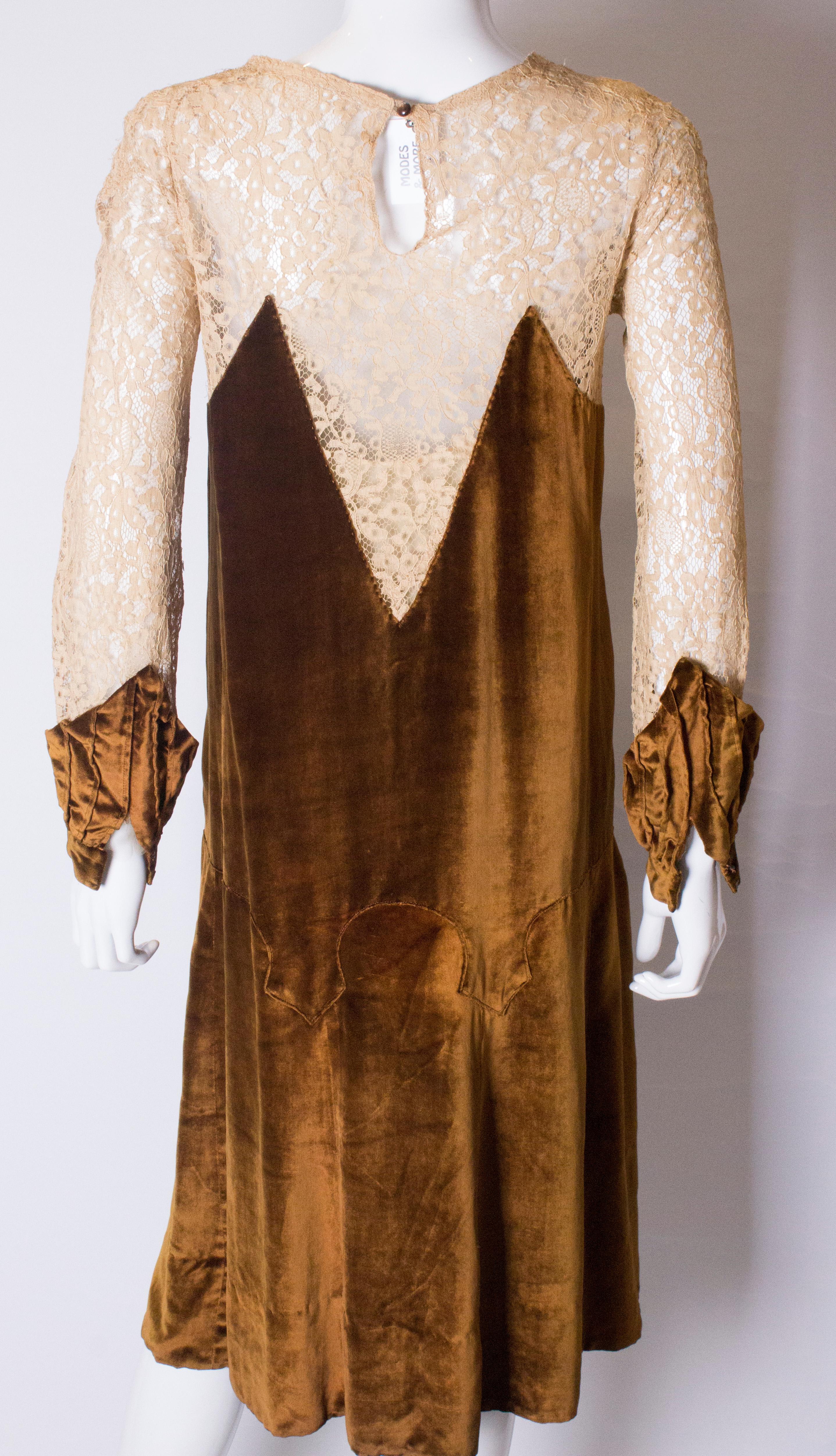 Women's Vintage 1920s Silk Velvet and Lace Dress For Sale