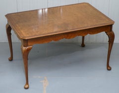 Vintage 1920s Solid Burr Walnut 4-6 Person Dining Table Elegant Cabriolet Legs