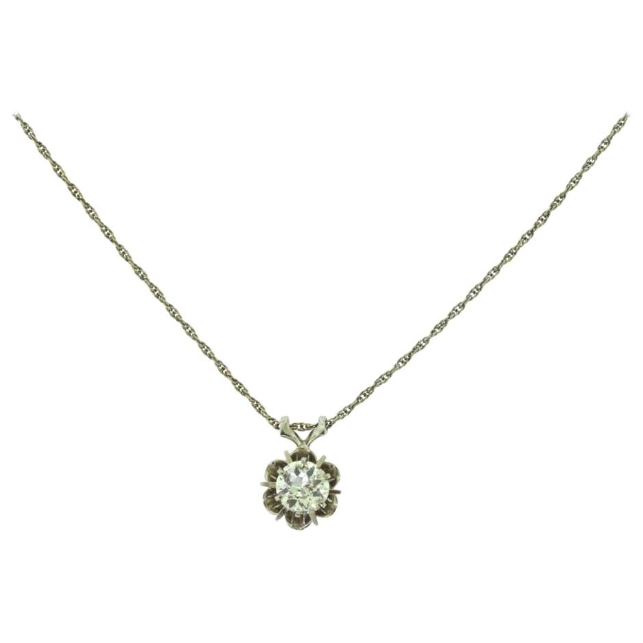Vintage 1920s Solitaire Diamond White Gold Flower Pendant Necklace For