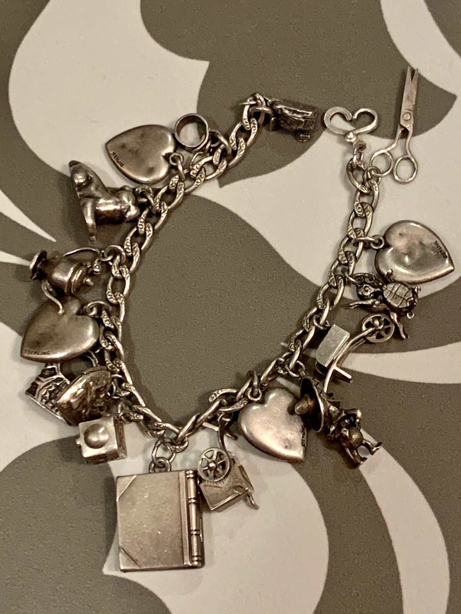 Vintage 1920s Sterling Charm Bracelet In Good Condition In St. Louis Park, MN