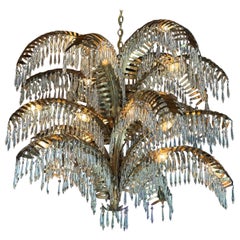 Vintage 1920's Style Brass Palm Leaf Brass/Crystal Chandelier