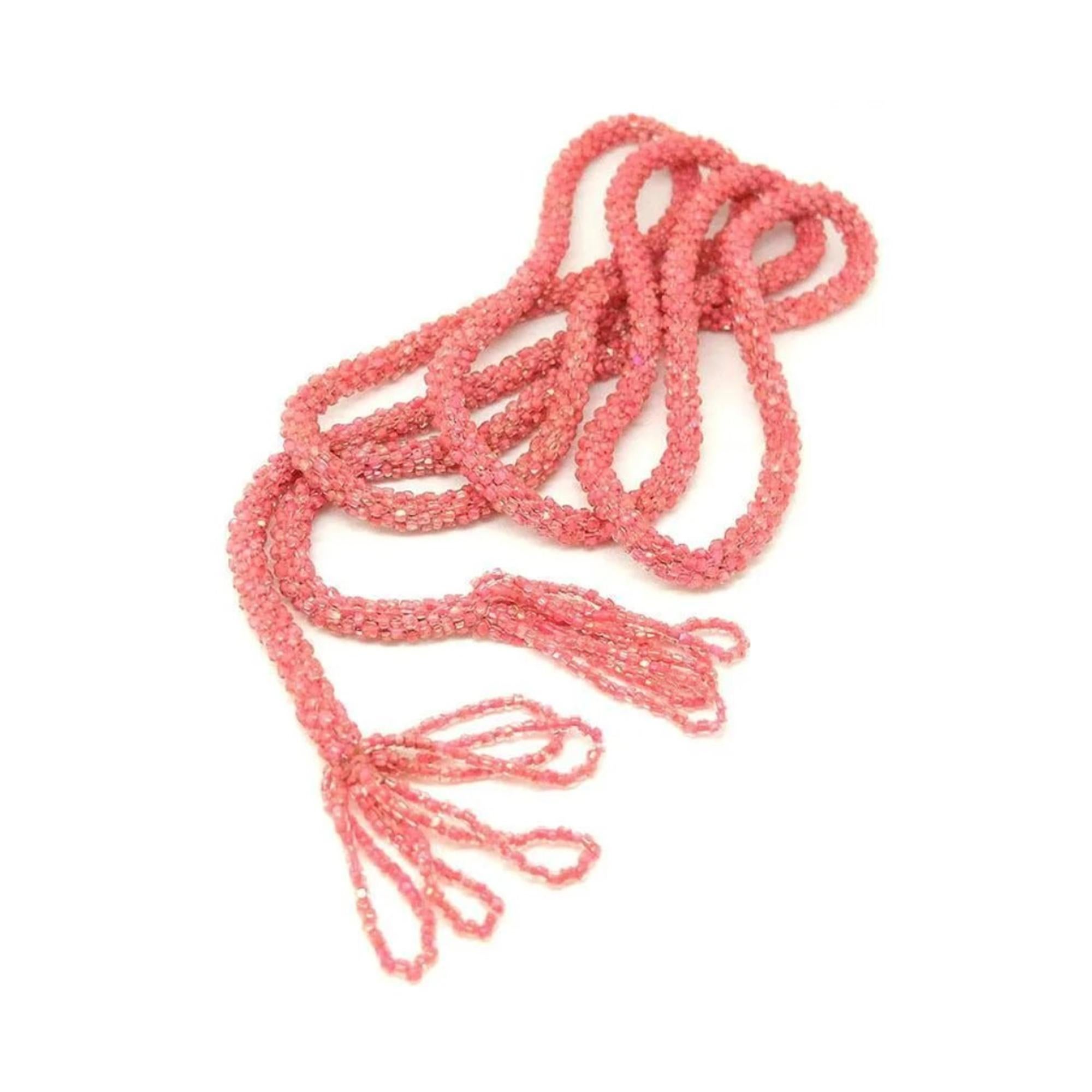 Vintage 1920s Tassel Art Deco Pink Beaded Flapper Necklace For Sale 2