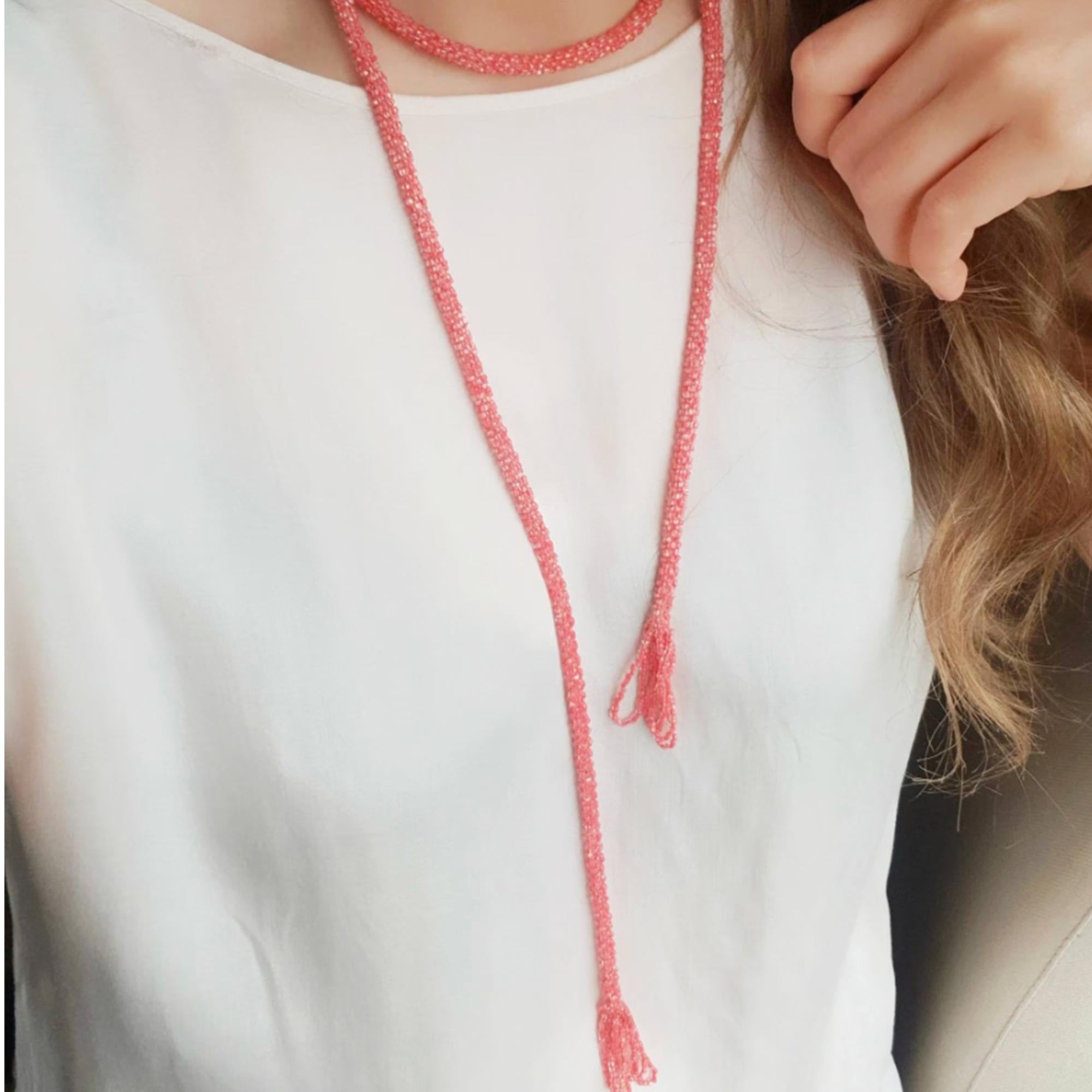 Vintage 1920s Tassel Art Deco Pink Beaded Flapper Necklace For Sale 3