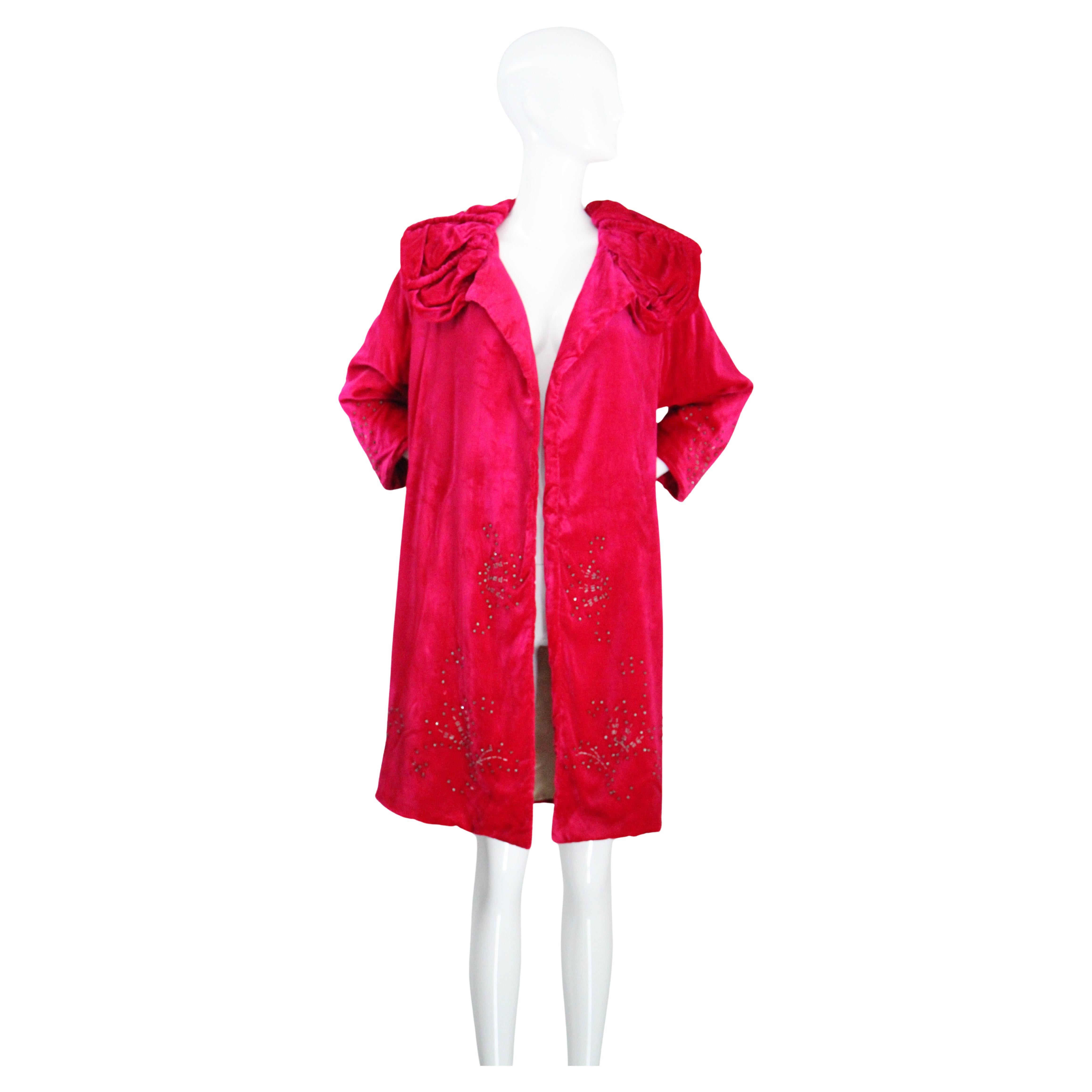 Vintage 1920's Velvet Pink Coat 1920's Beaded Rhinestone Velvet Coat UK 8 US 4