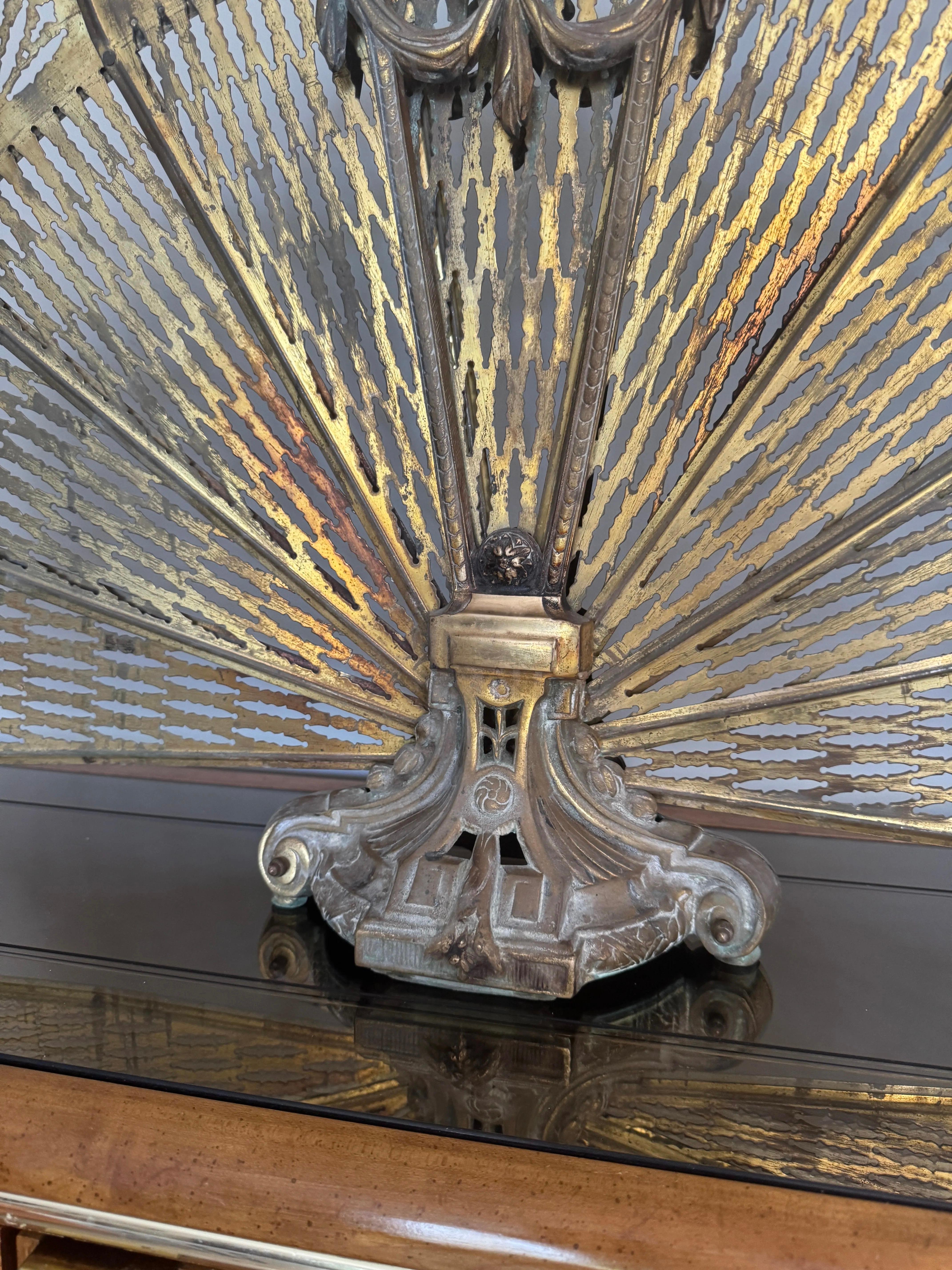 20th Century Vintage 1920s Victorian-Style Brass Peacock Cameo Folding Fireplace Fan Screen For Sale