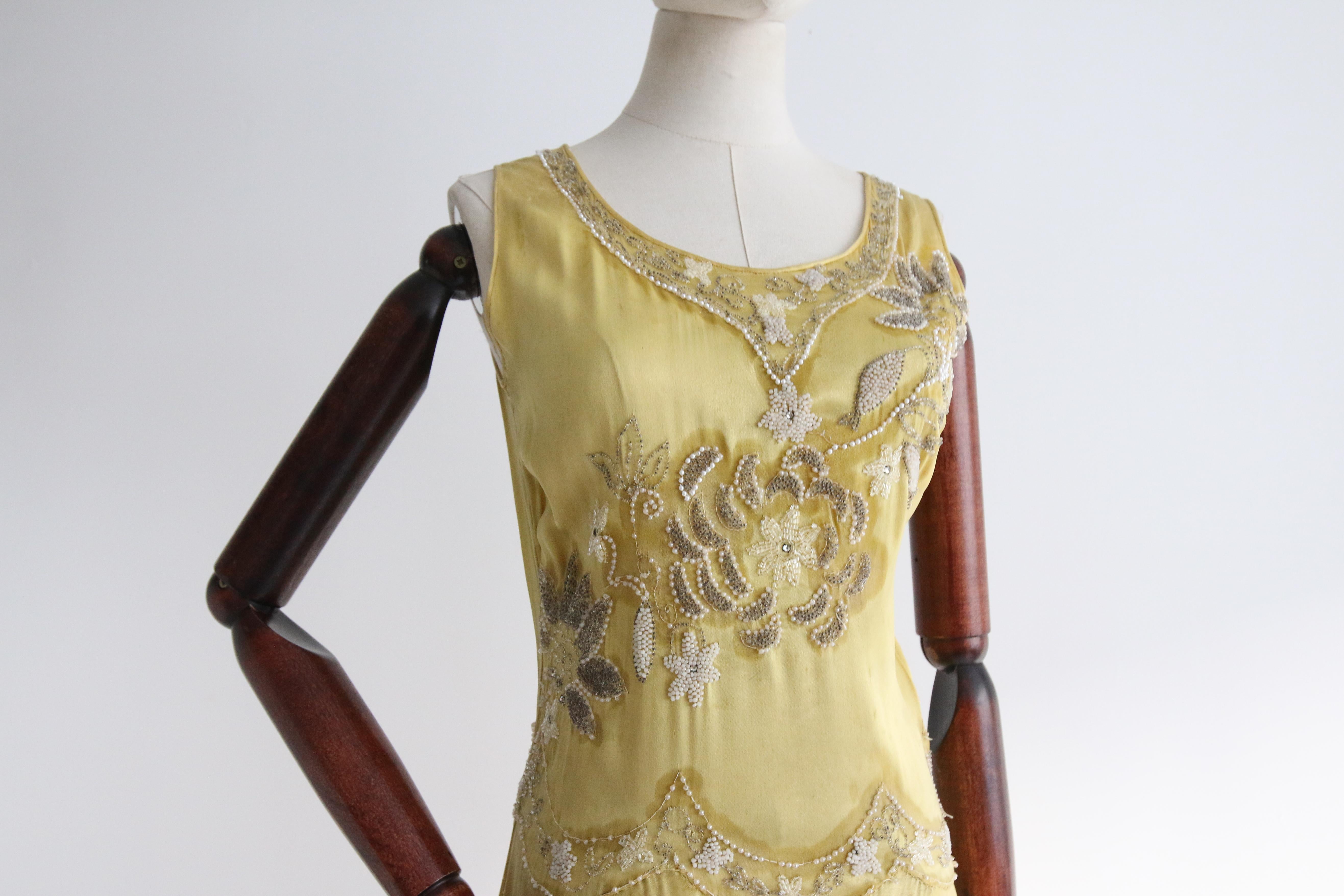 Vintage 1920's Yellow Silk Beaded Dress UK 6-8 US 2-4 1