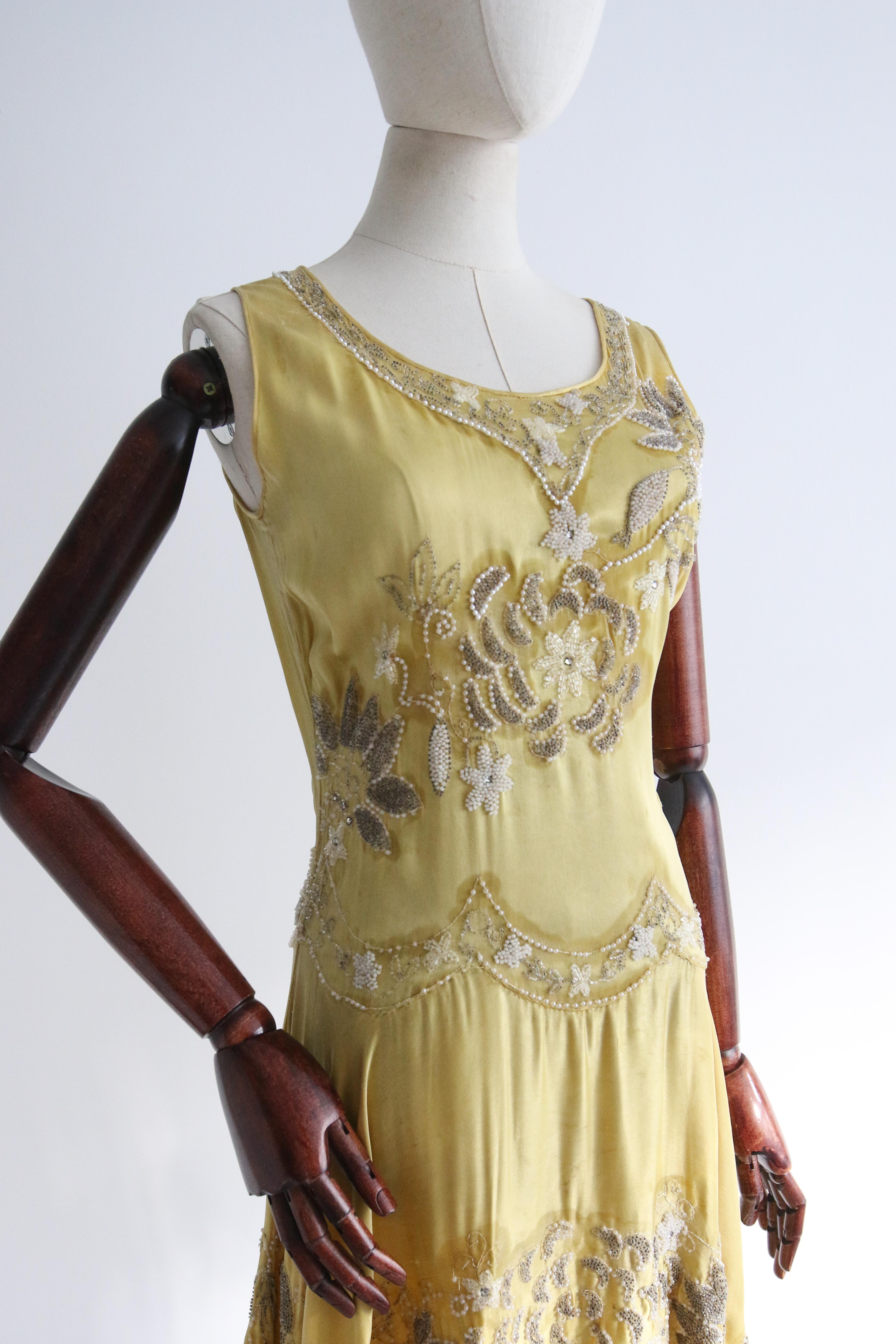 Vintage 1920's Yellow Silk Beaded Dress UK 6-8 US 2-4 2