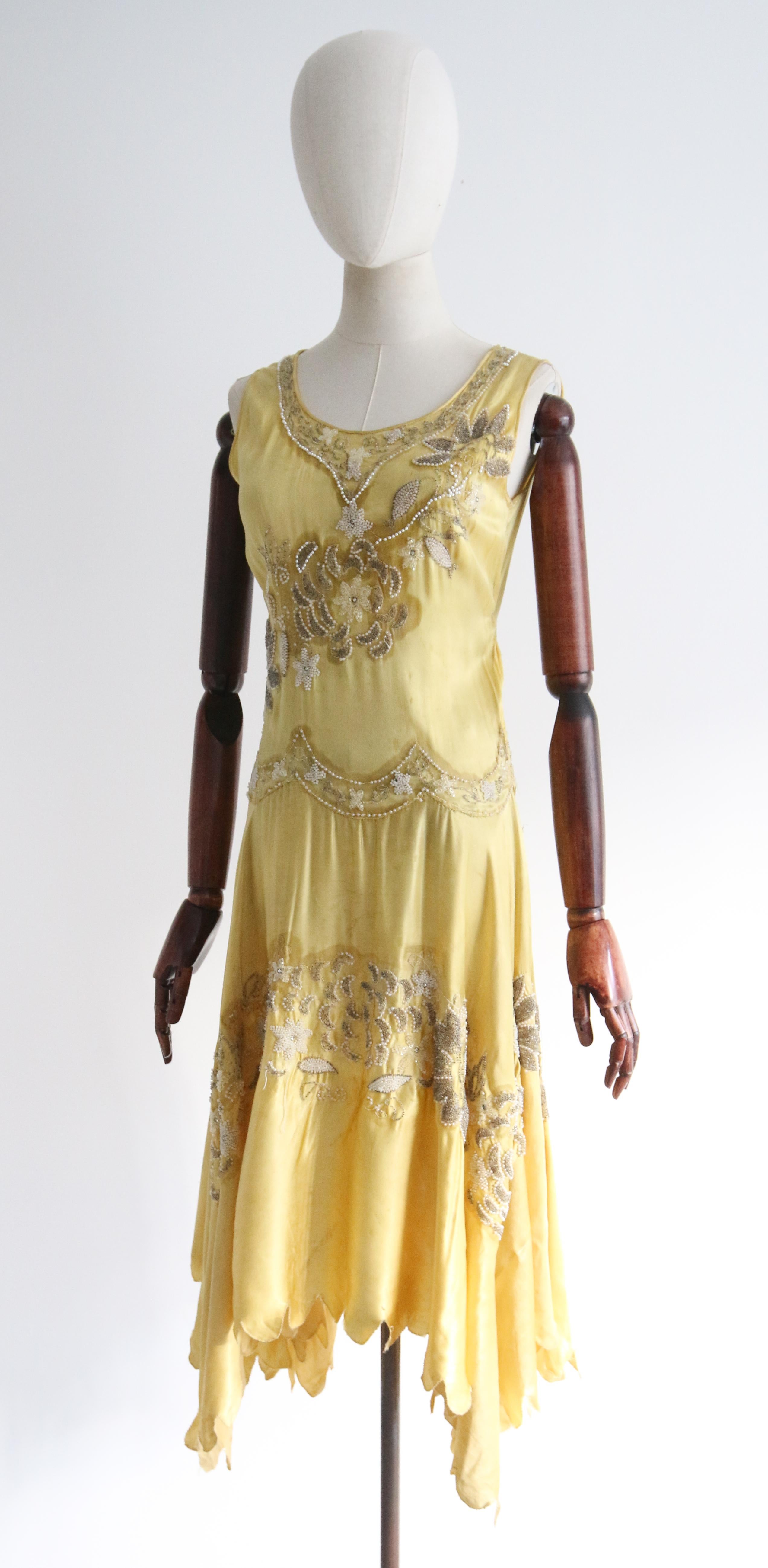 Vintage 1920's Yellow Silk Beaded Dress UK 6-8 US 2-4 3