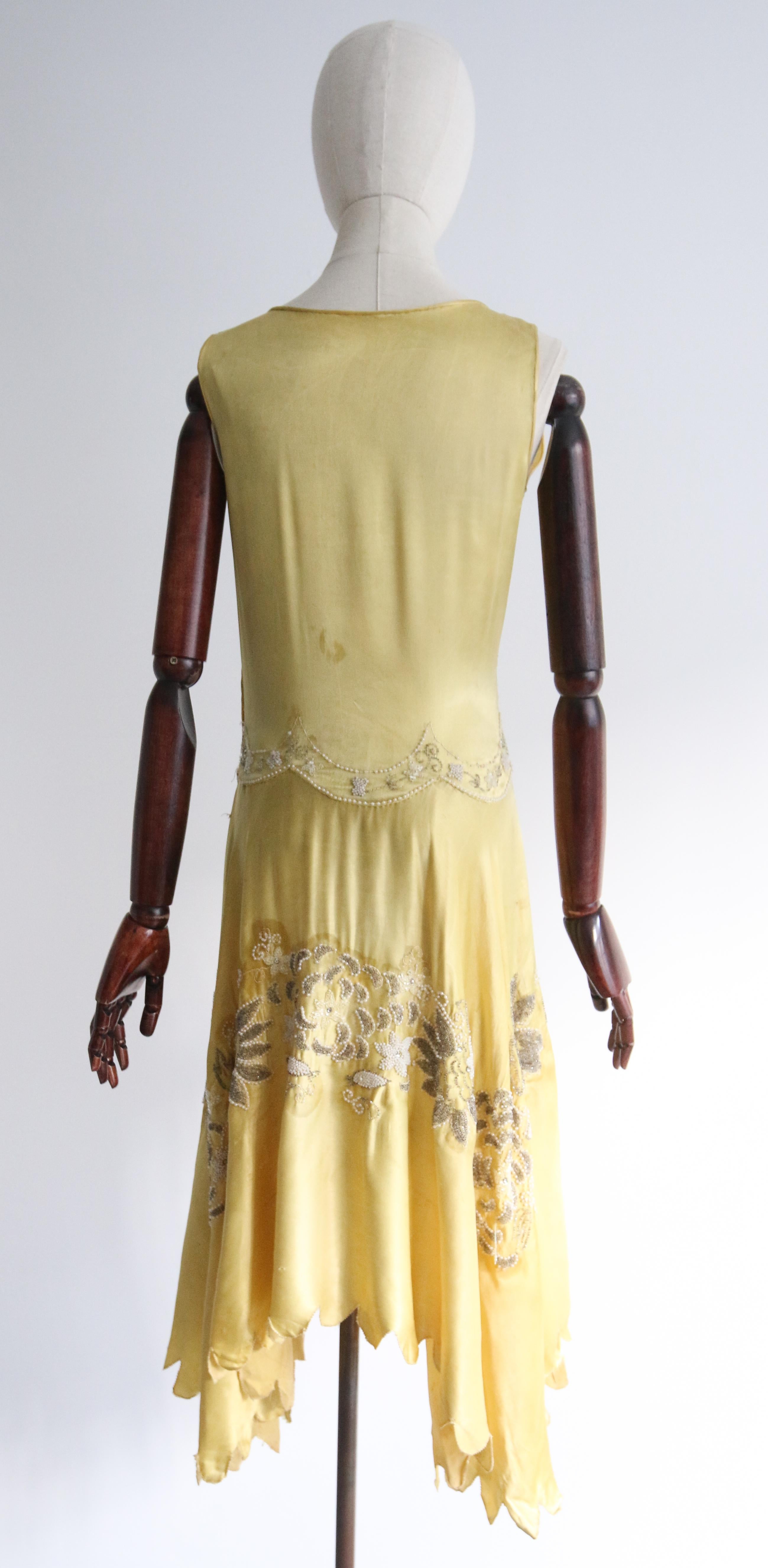Vintage 1920's Yellow Silk Beaded Dress UK 6-8 US 2-4 4