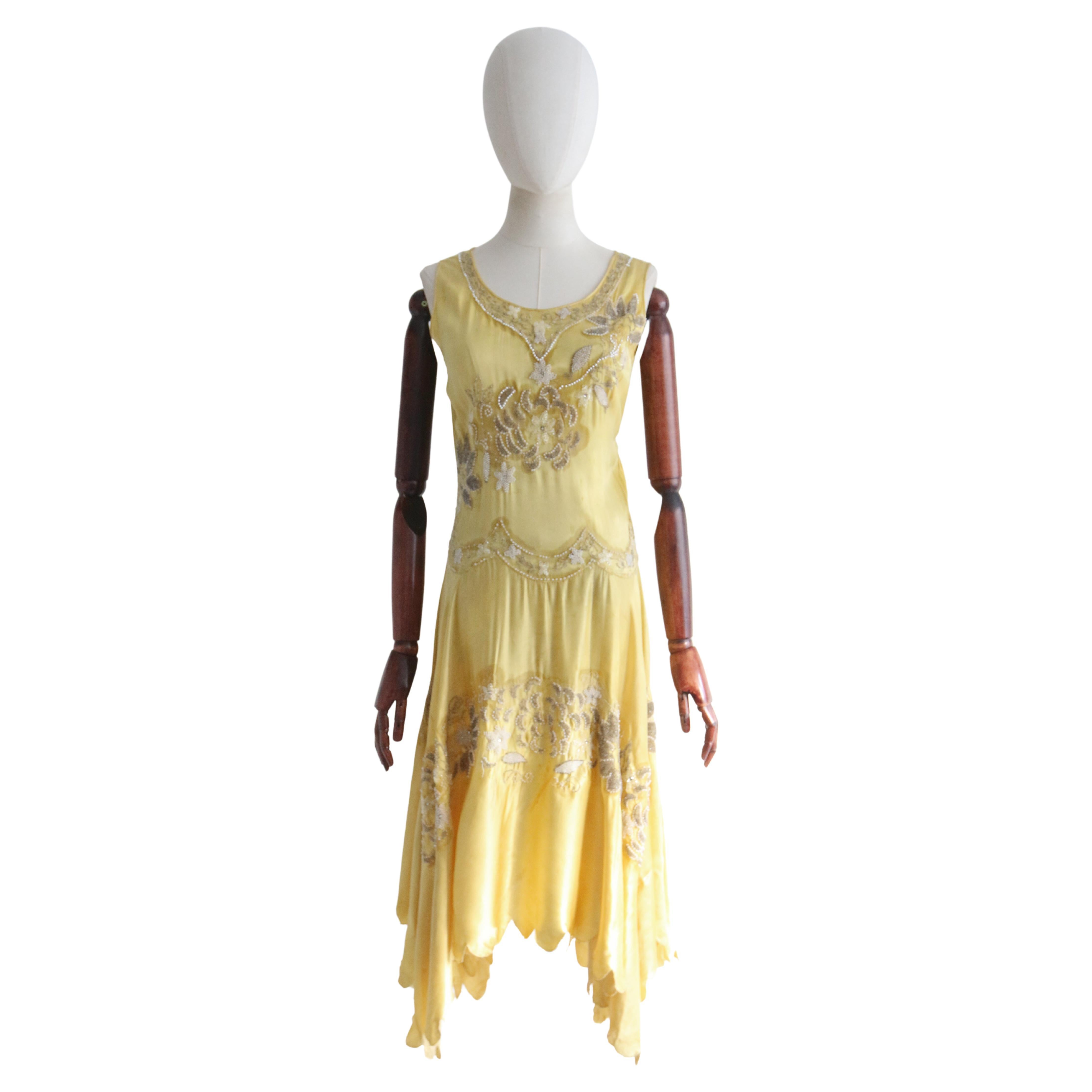 Vintage 1920's Yellow Silk Beaded Dress UK 6-8 US 2-4