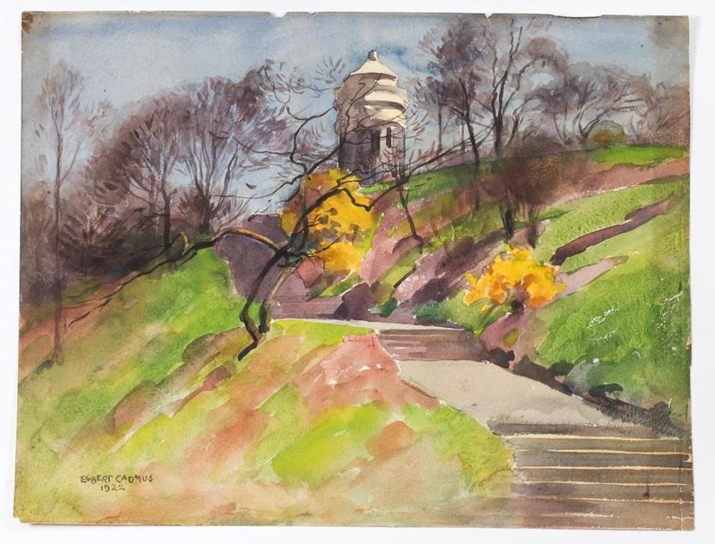 Vintage watercolor on paper landscape painting by Egbert Cadmus (American, 1868-1939 Connecticut, New Jersey) of the Soldiers and Sailors monument, New York. An accomplished watercolorist, best known as the father of artist Paul Cadmus. Signed lower