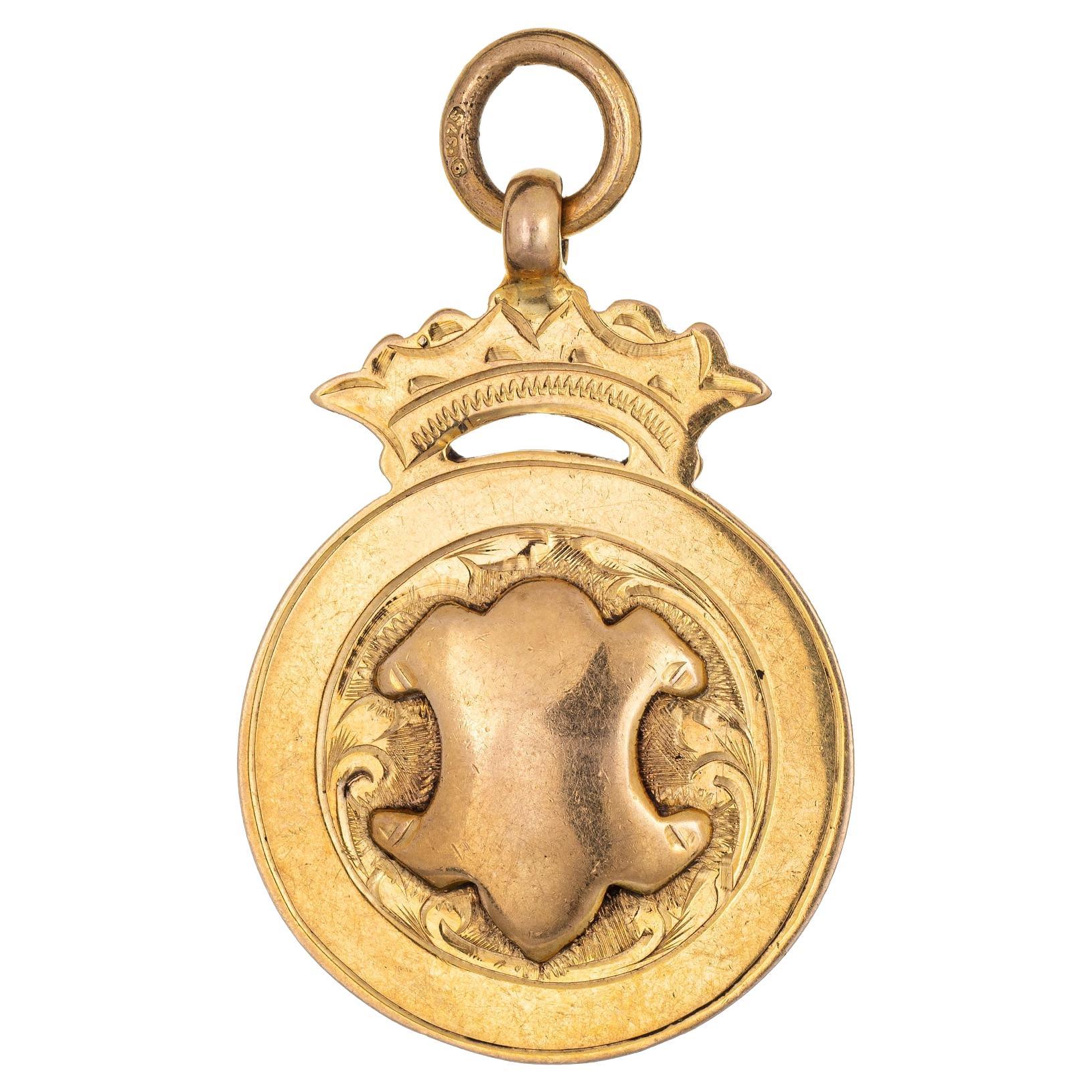 Vintage 1923 Art Deco Medallion 9k Yellow Gold Pendant Charm Fine Jewelry Fob