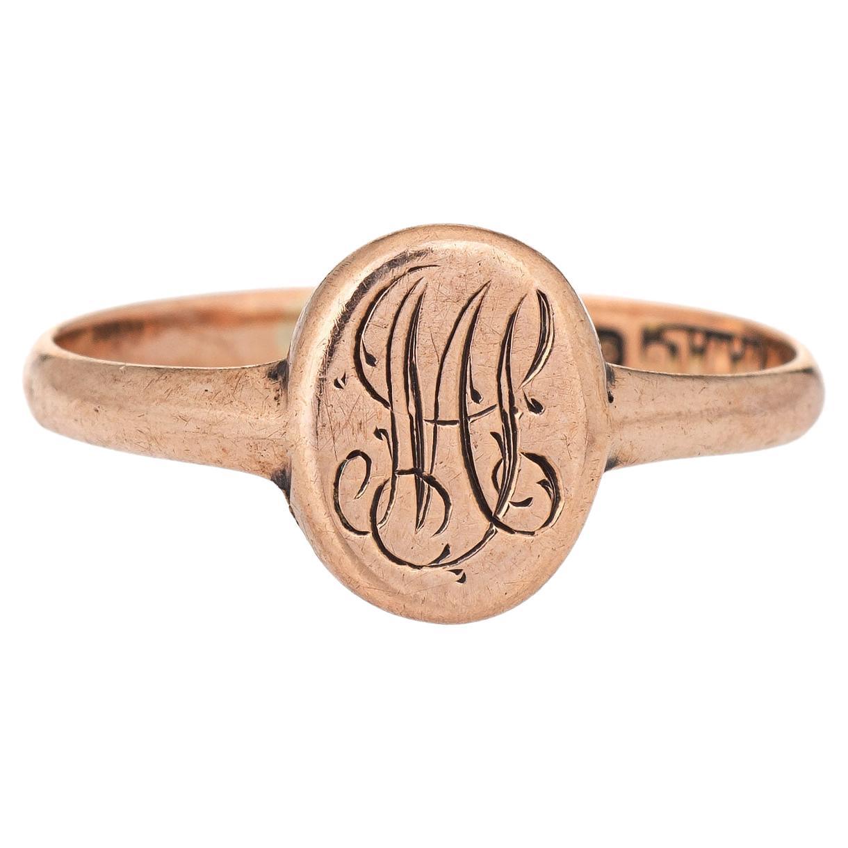 Vintage 1923 Art Deco Signet Ring Small Oval 9k Rose Gold Child Jewelry For Sale