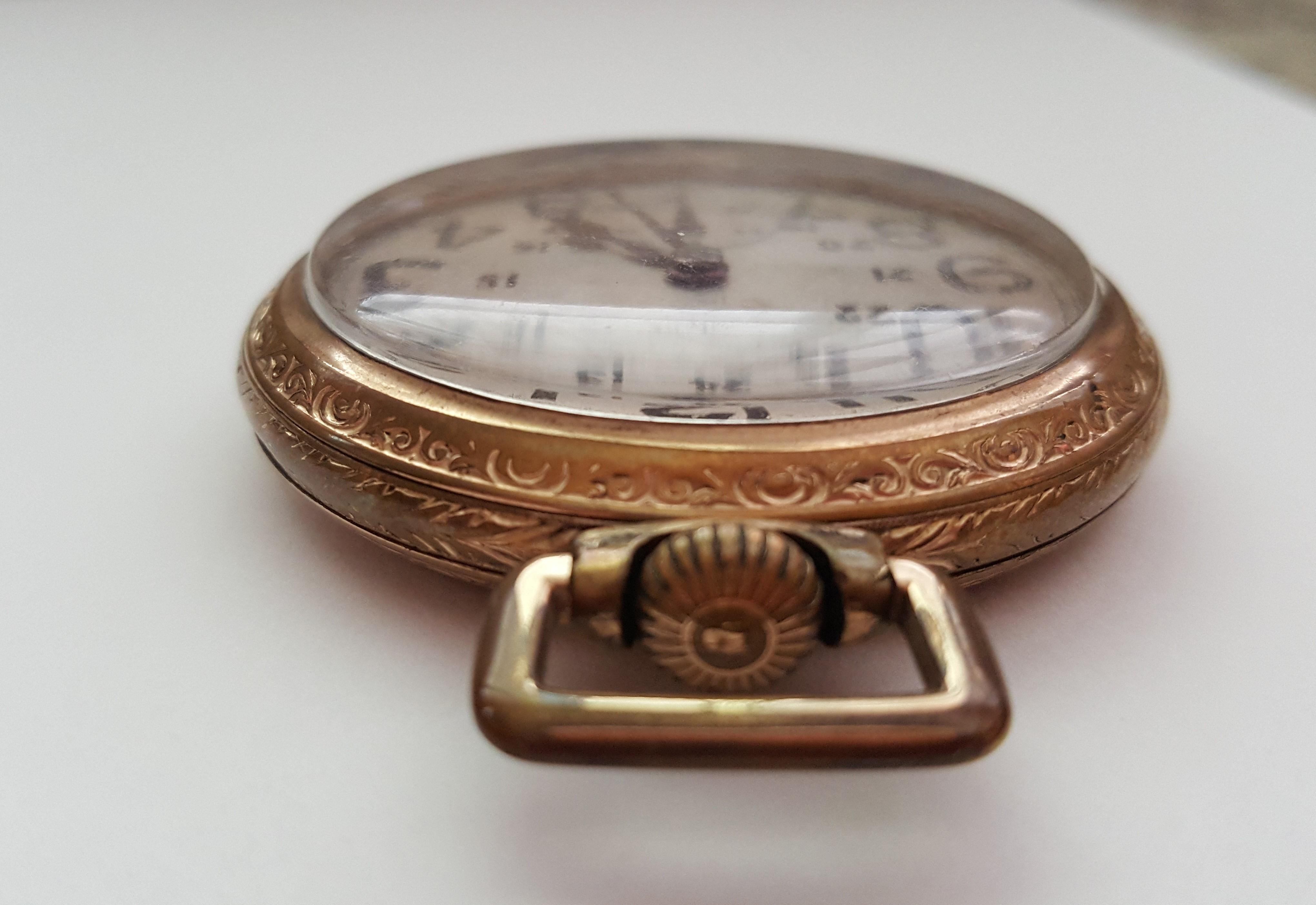 Vintage 1923 Illinois Pocket Watch, Railroad, Gold-Plated, Working, 17 Jewel In Fair Condition In Rancho Santa Fe, CA