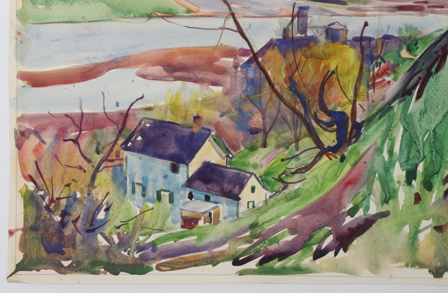Vintage 1924 Egbert Cadmus New England River View Watercolor Painting In Good Condition For Sale In Seguin, TX