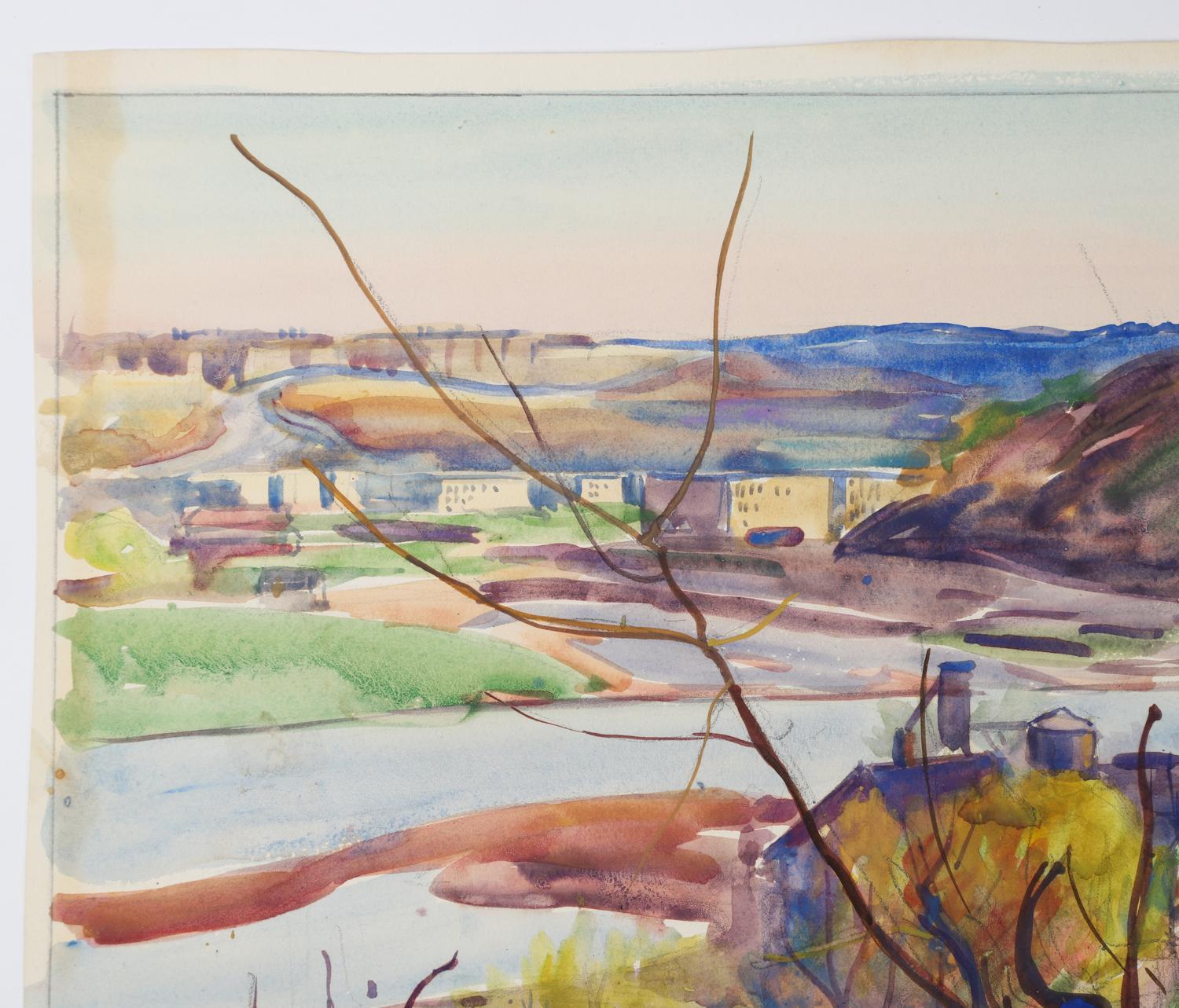 20th Century Vintage 1924 Egbert Cadmus New England River View Watercolor Painting For Sale