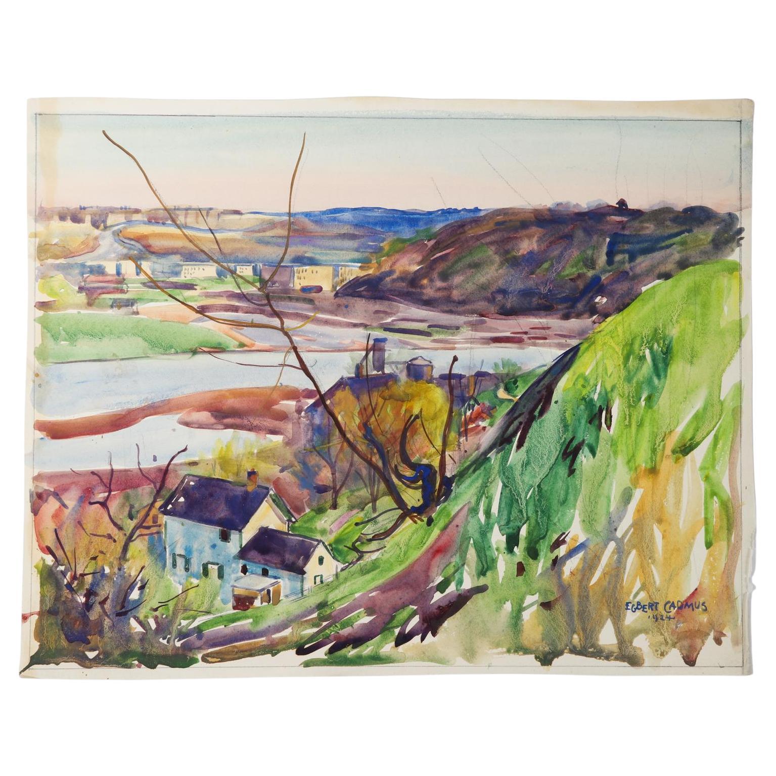 Peinture aquarelle vintage Egbert Cadmus de 1924 représentant une vue sur la rivière de la Nouvelle-Angleterre