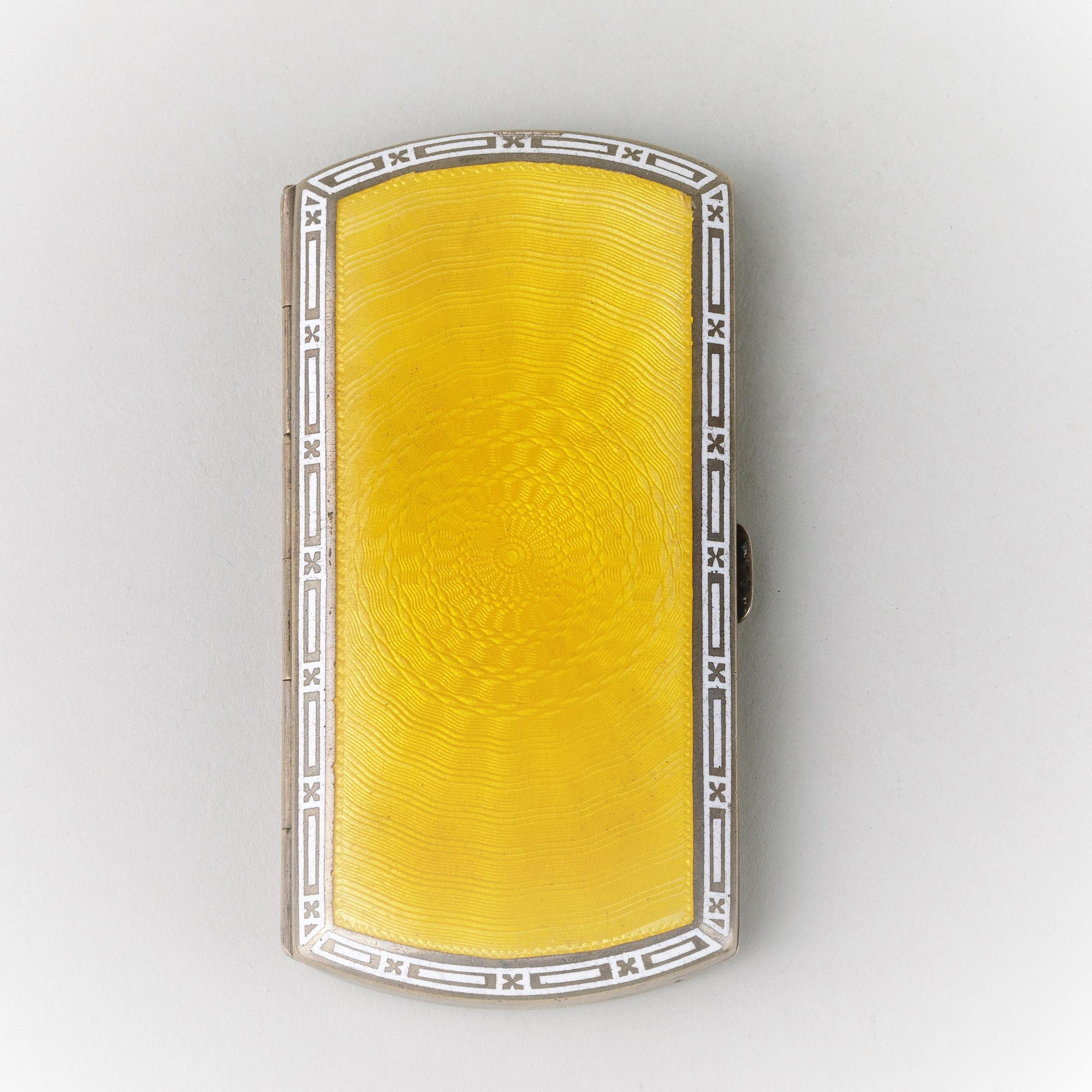 Vintage 1924 Silver Guilloche Translucent Yellow Enamel Cigarette Case 3.65 Inch In Good Condition For Sale In New York, NY