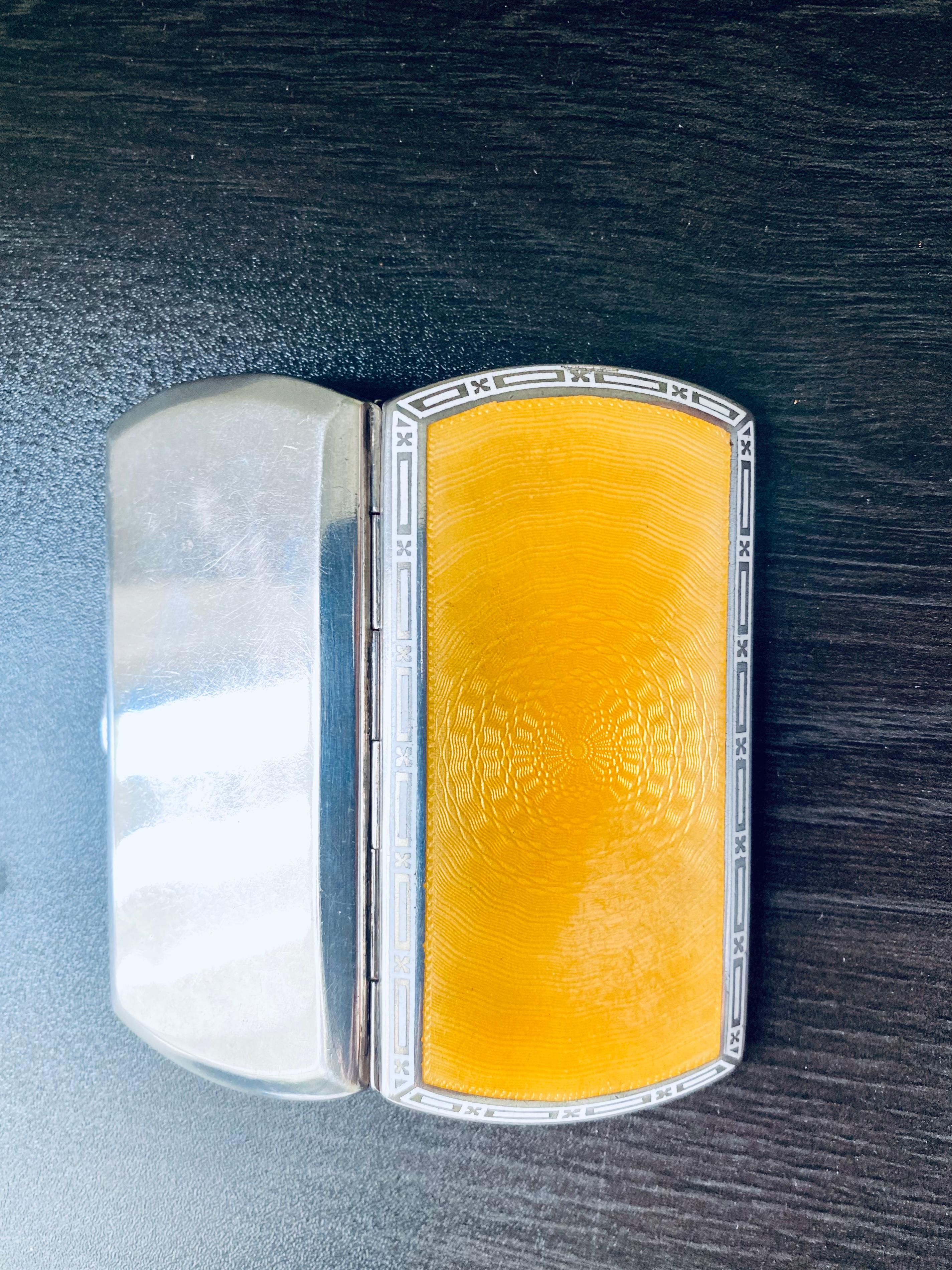 Vintage 1924 Silver Guilloche Translucent Yellow Enamel Cigarette Case 3.65 Inch For Sale 1