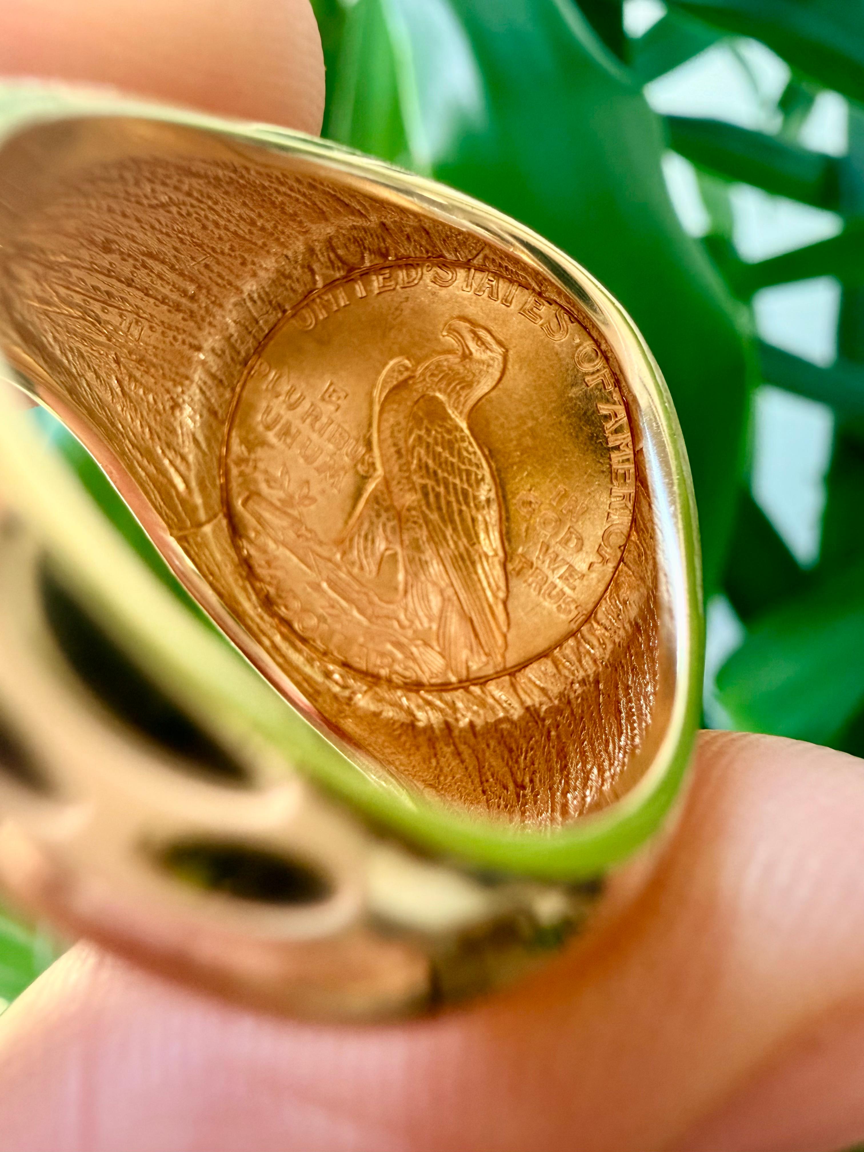 Moneta d'oro d'epoca 1925 Indian Head 2 ½ Dollar US 22k  in Anello in oro giallo 14K in vendita 3