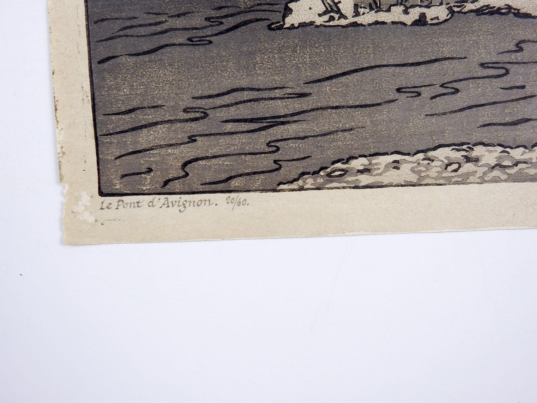 Le Pont d'Avignon, Holzschnitt mit Holzschnitt von Philip Needell, 1925 (Arts and Crafts) im Angebot