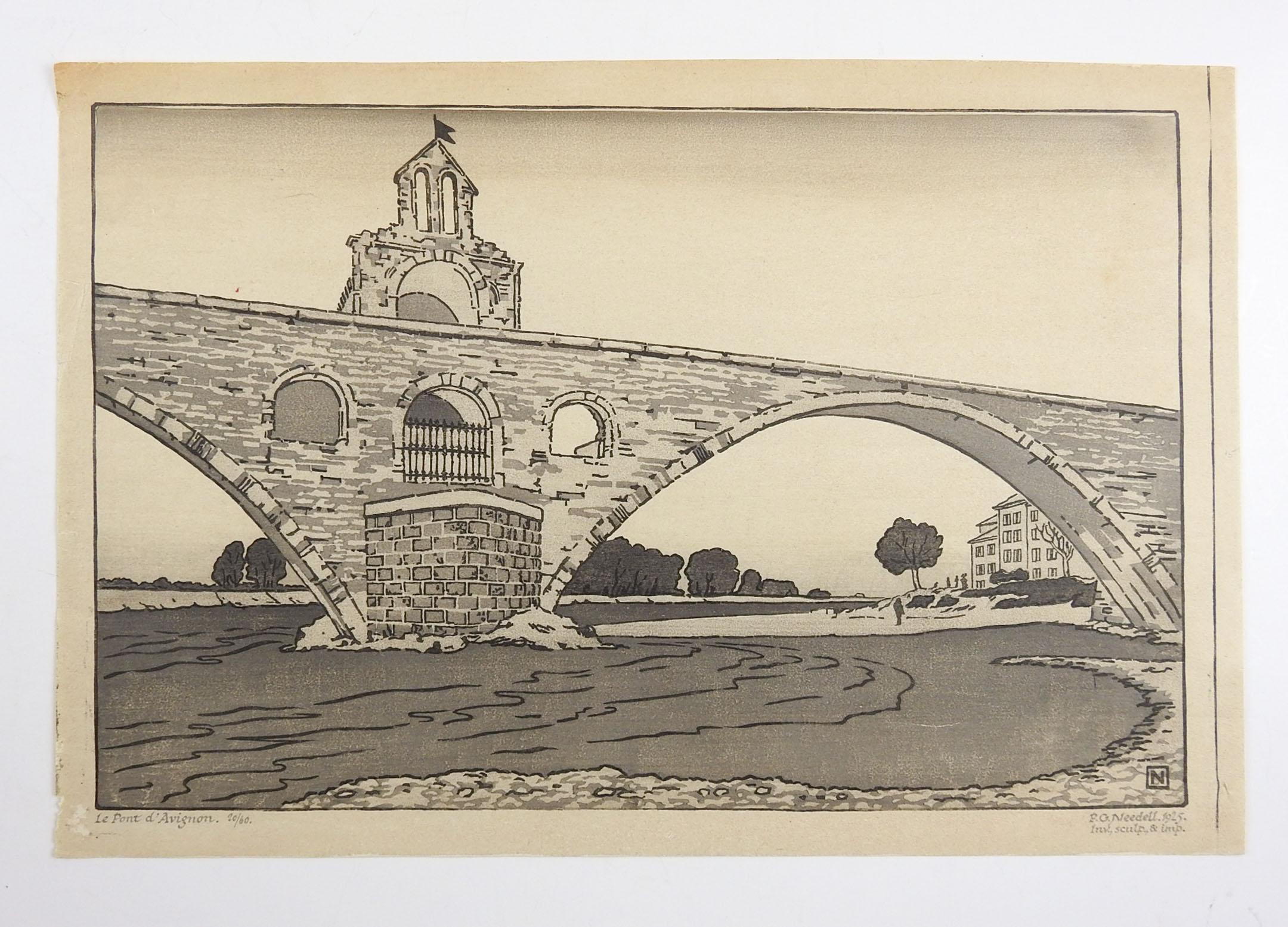 English Vintage 1925 Le Pont d'Avignon by Philip Needell Woodcut Print For Sale
