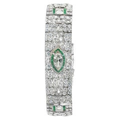 Vintage 1925 Marquise Diamond and Emerald Platinum Bracelet