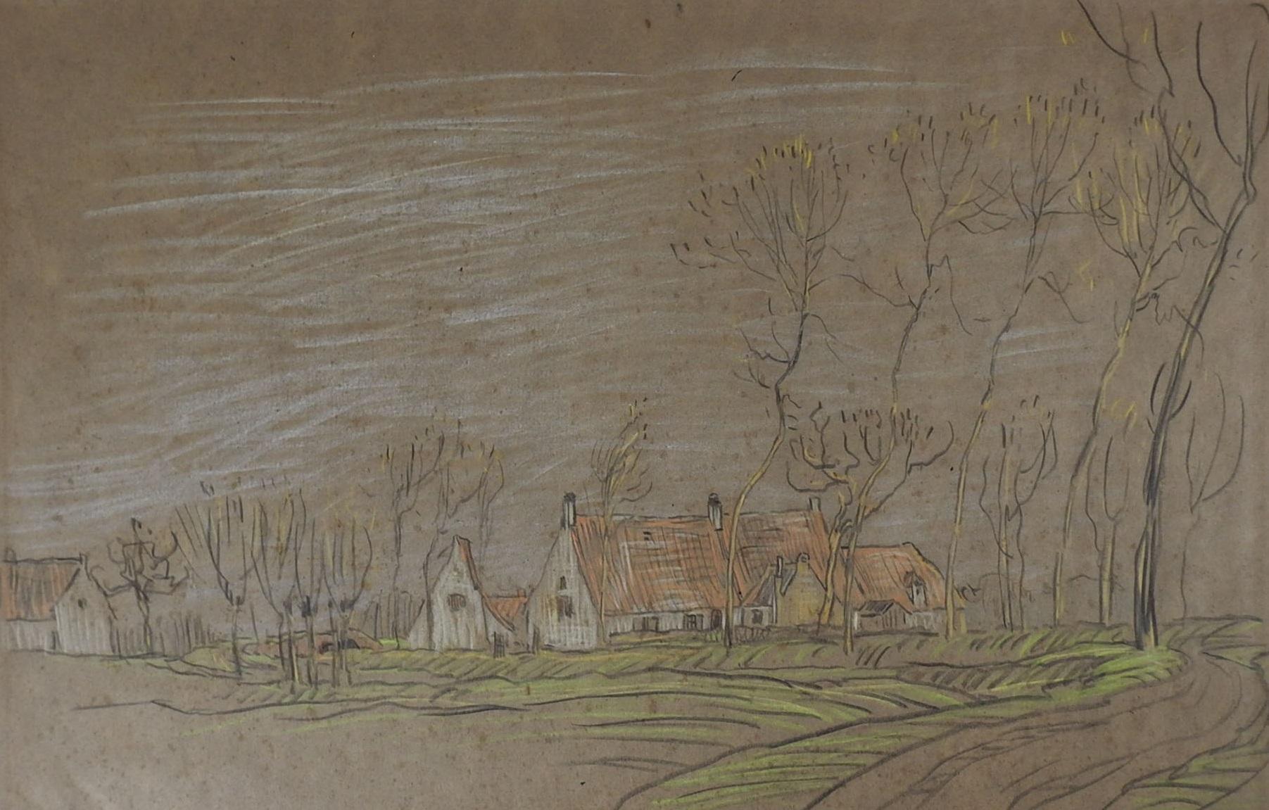 Farbige Zeichnung eines Bauernhofs und eines Obstgartens aus dem Jahr 1925 auf dunkelbraunem Papier. Unsigniert, datiert 4. November 1925 in der unteren linken Ecke. Ungerahmt, verso Klebebandreste.