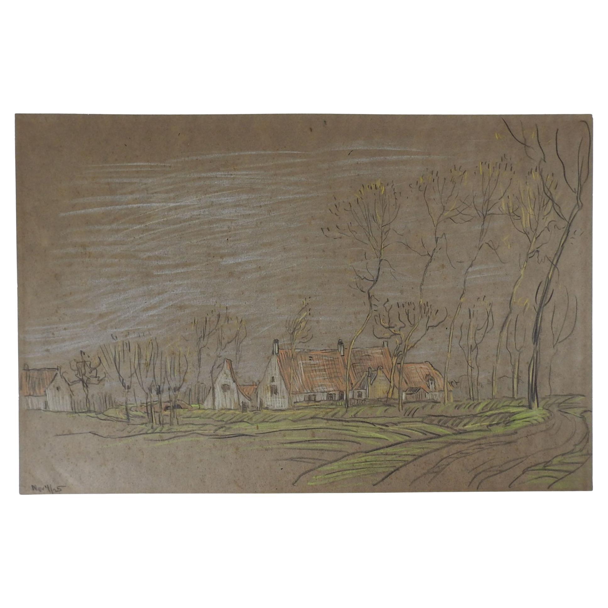 Vintage 1925 Pastoral Farm Orchard Drawing For Sale