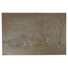 Antique 1925 Pastoral Farm Orchard Drawing
