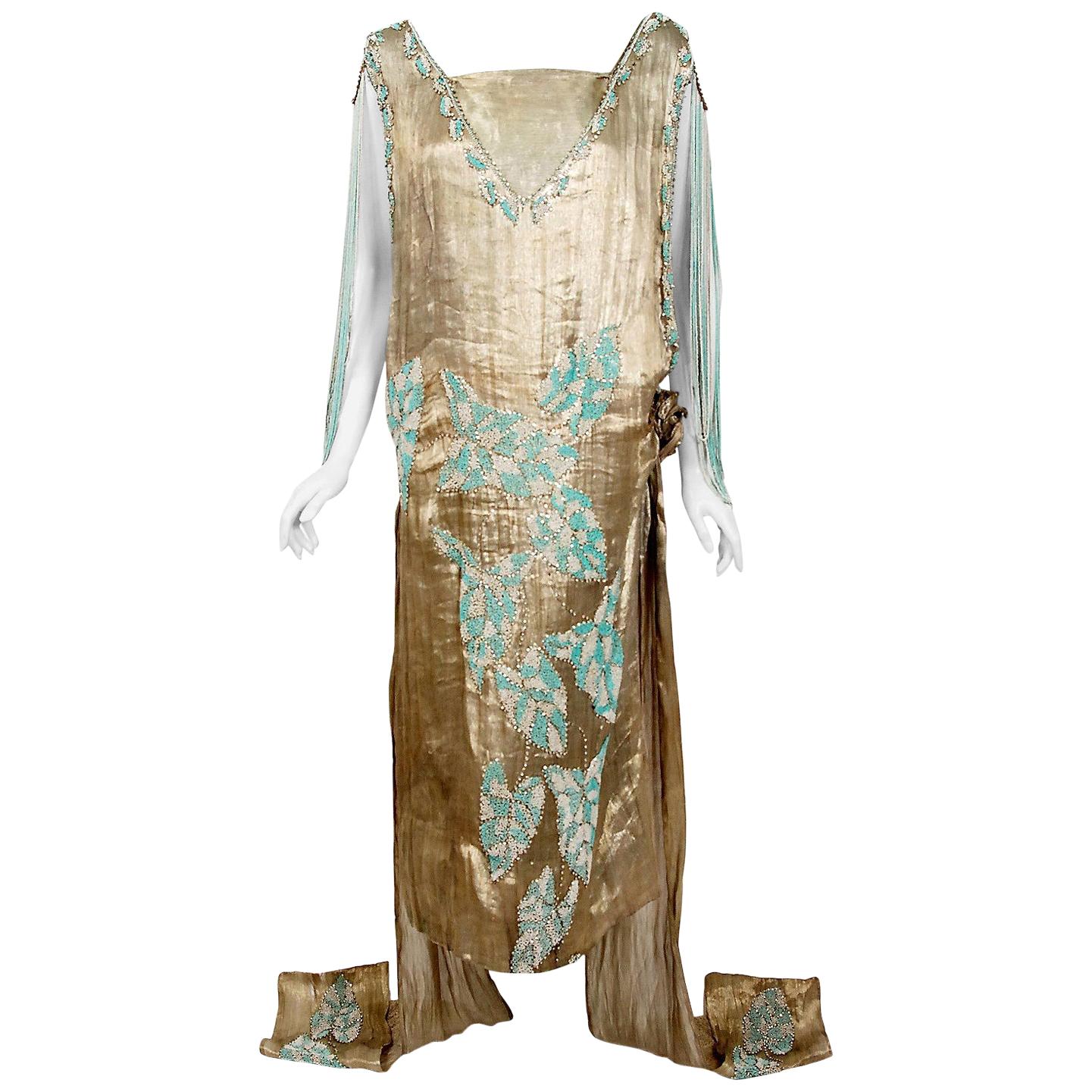 Vintage 1920's French Couture Metallic Gold Lamé Beaded Leaf-Motif Trained Gown