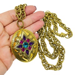 Vintage 1928 signed gold tone rhinestones designer chain locket pendant necklace