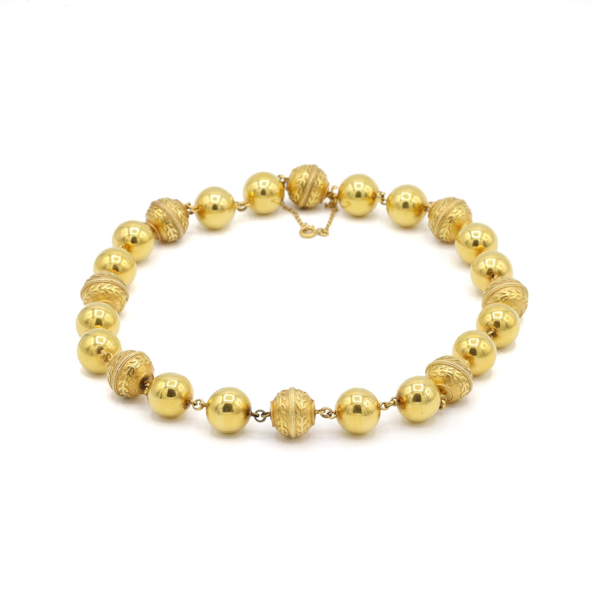 One lady's handmade textured & polished, filigree-style 19K yellow gold single strand choker, bead necklace. The necklace measures approximately 20.00 inches in length and weighs a total of 96.00 grams. Engraved with 