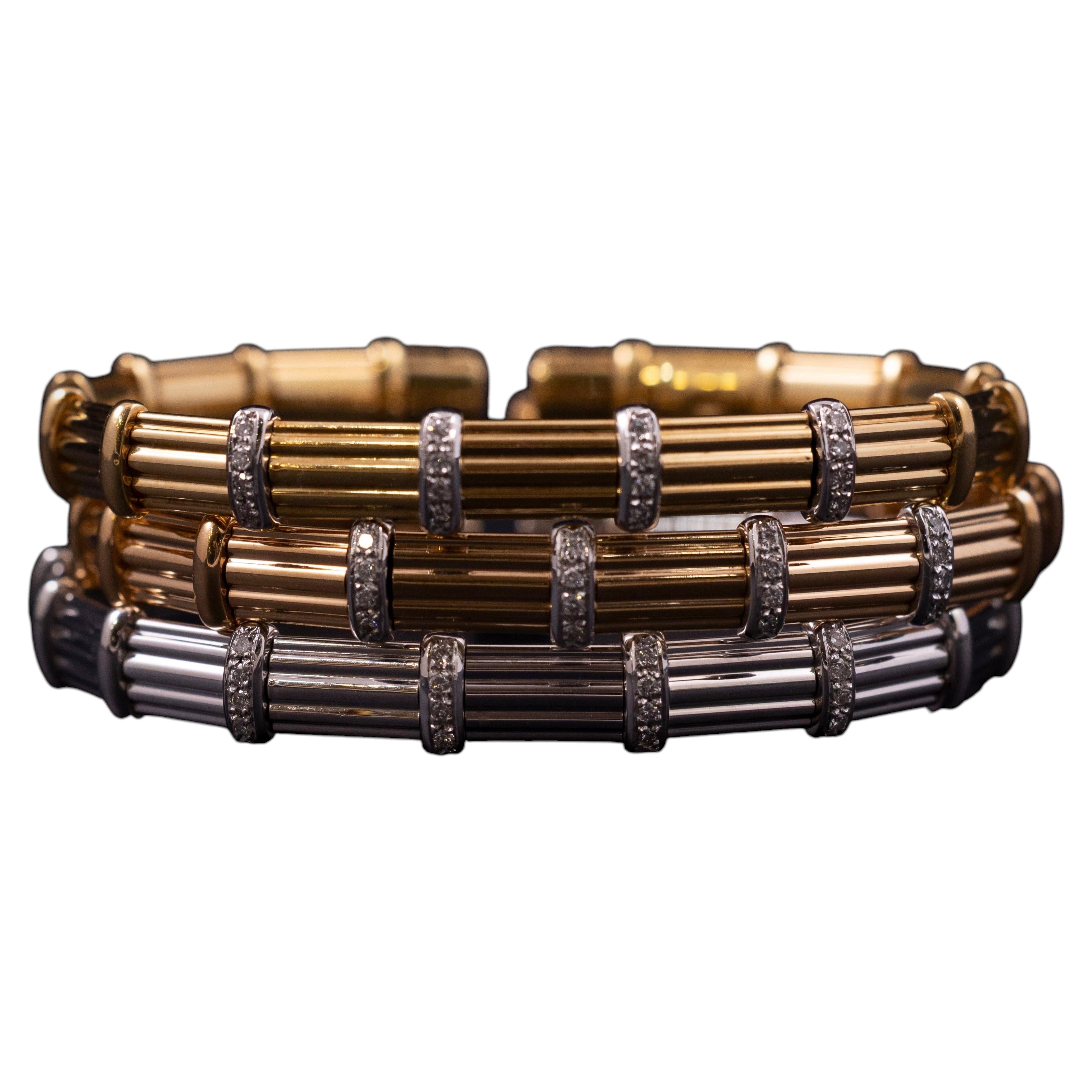 Vintage 19.2K Tricolor Gold Diamond Trio of Bangles Portuguese Late 20th Century