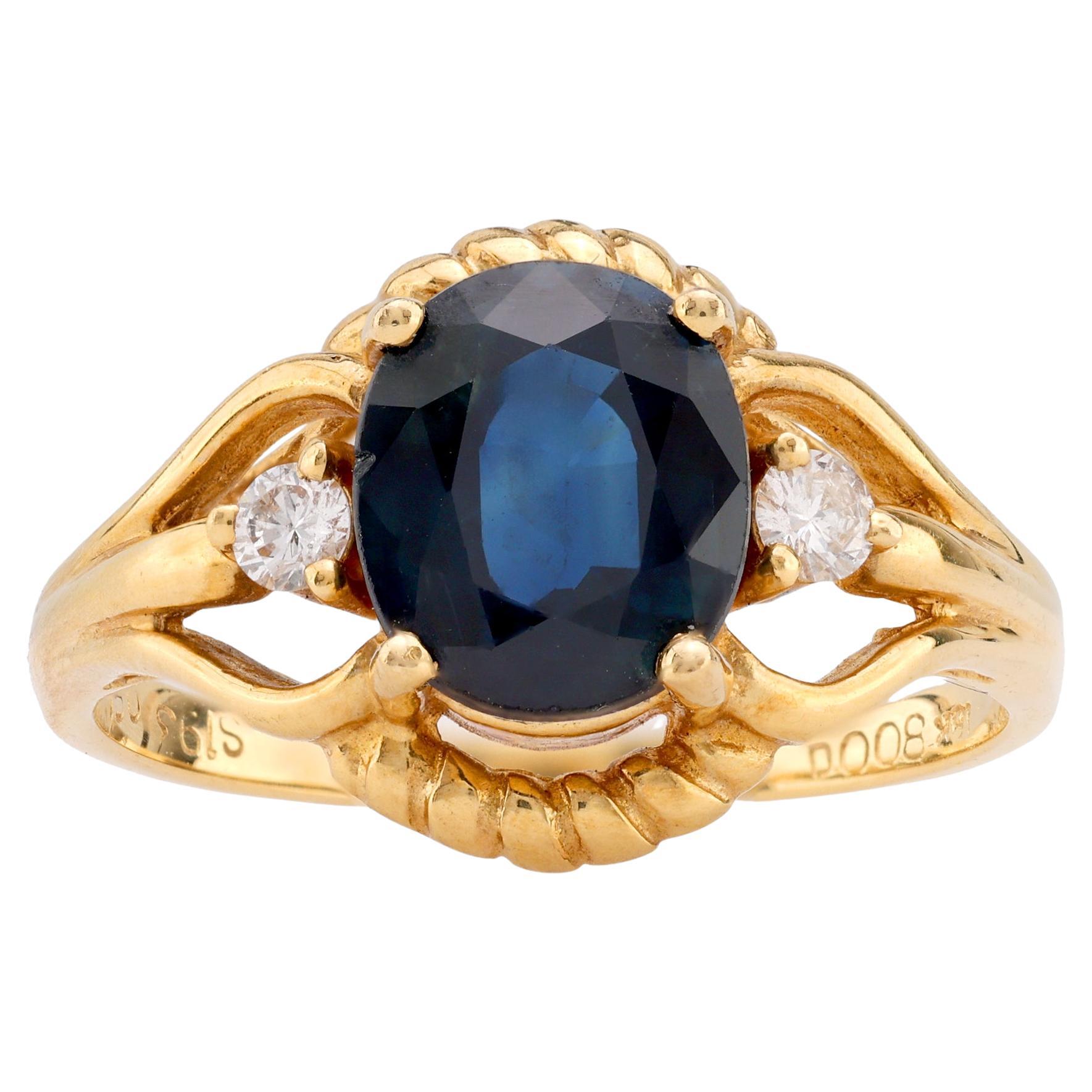 Anillo trenzado vintage de oro amarillo de 18 quilates con diamante zafiro talla oval de 1,93 quilates